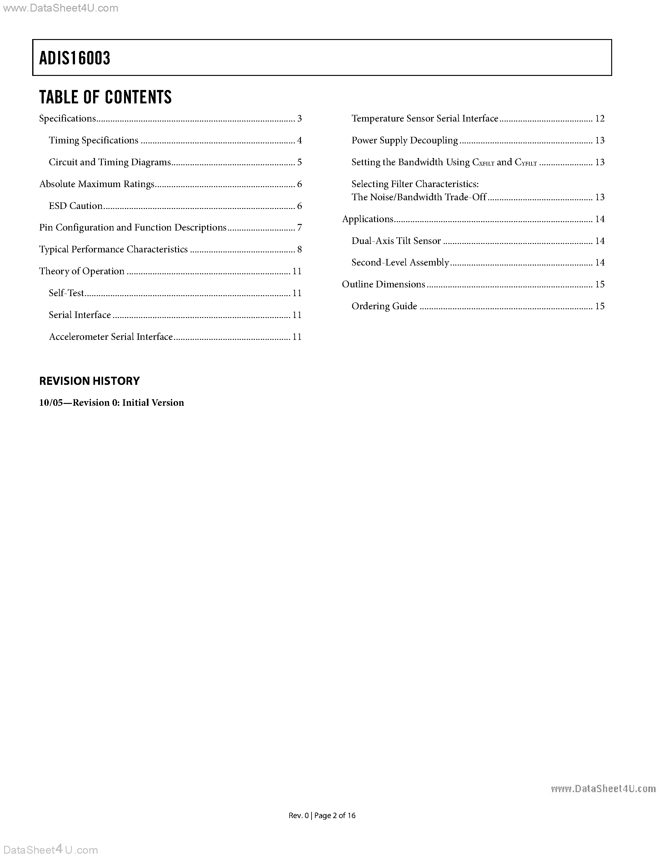 Даташит на микросхему ADIS16003 страница 2 Даташит ADIS16003 - Dual-Axis +-1.7 g Accelerometer страница 2