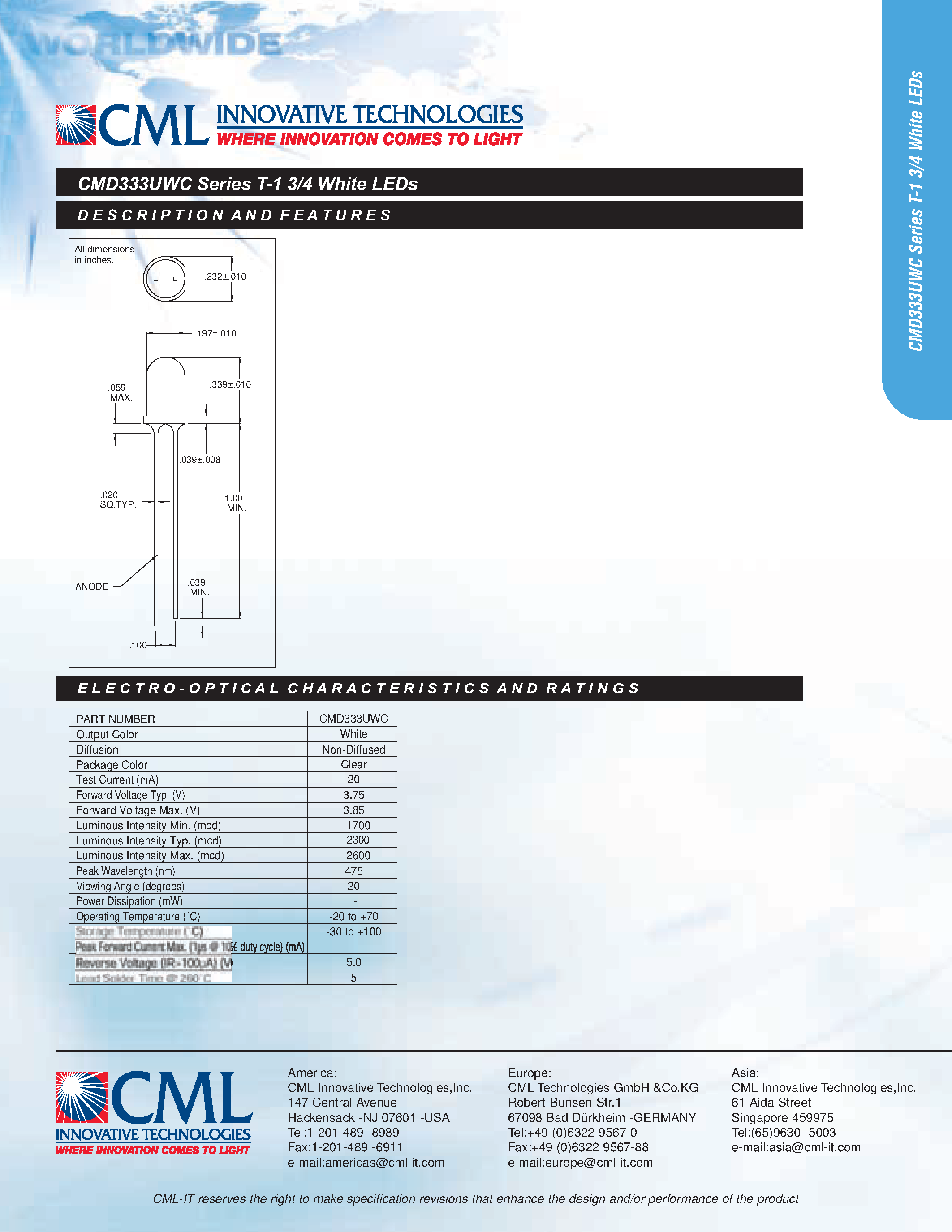 Datasheet CMD333UWC - T-1 3/4 White LEDs page 1