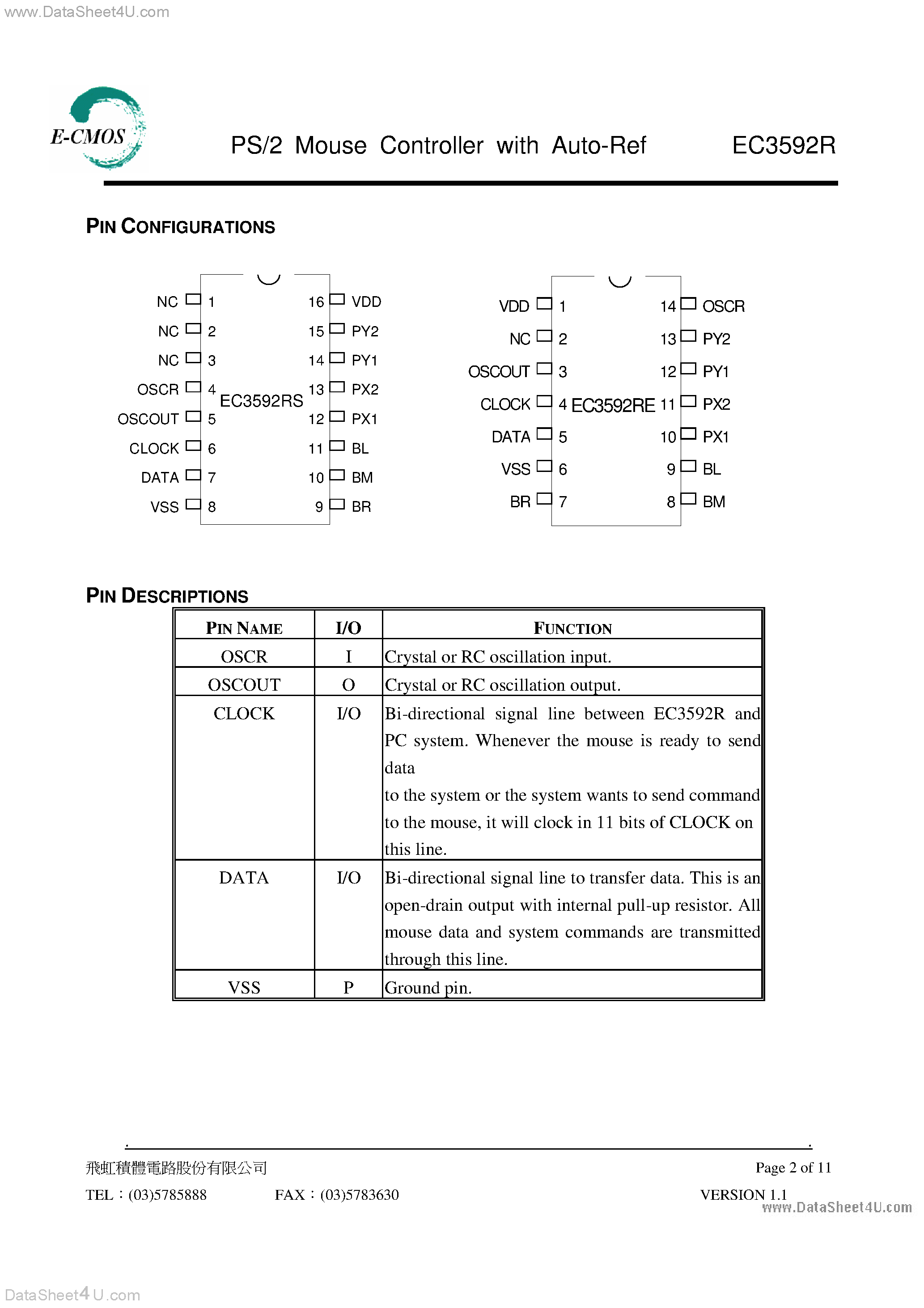 Даташит EC3592R - PS/2 Mouse Controller страница 2