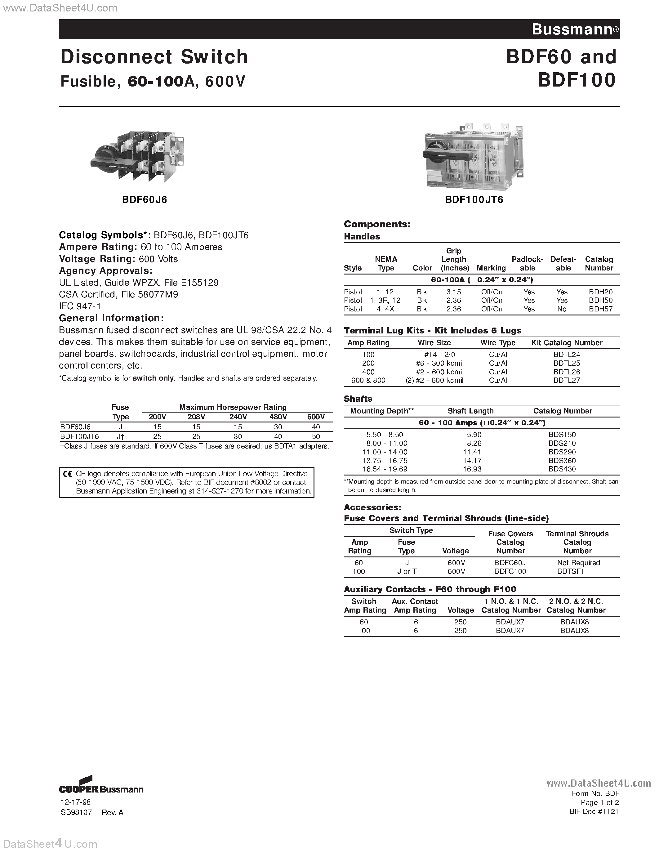 Даташит BDF100 - (BDF60 / BDF100) Disconnect Switch страница 1