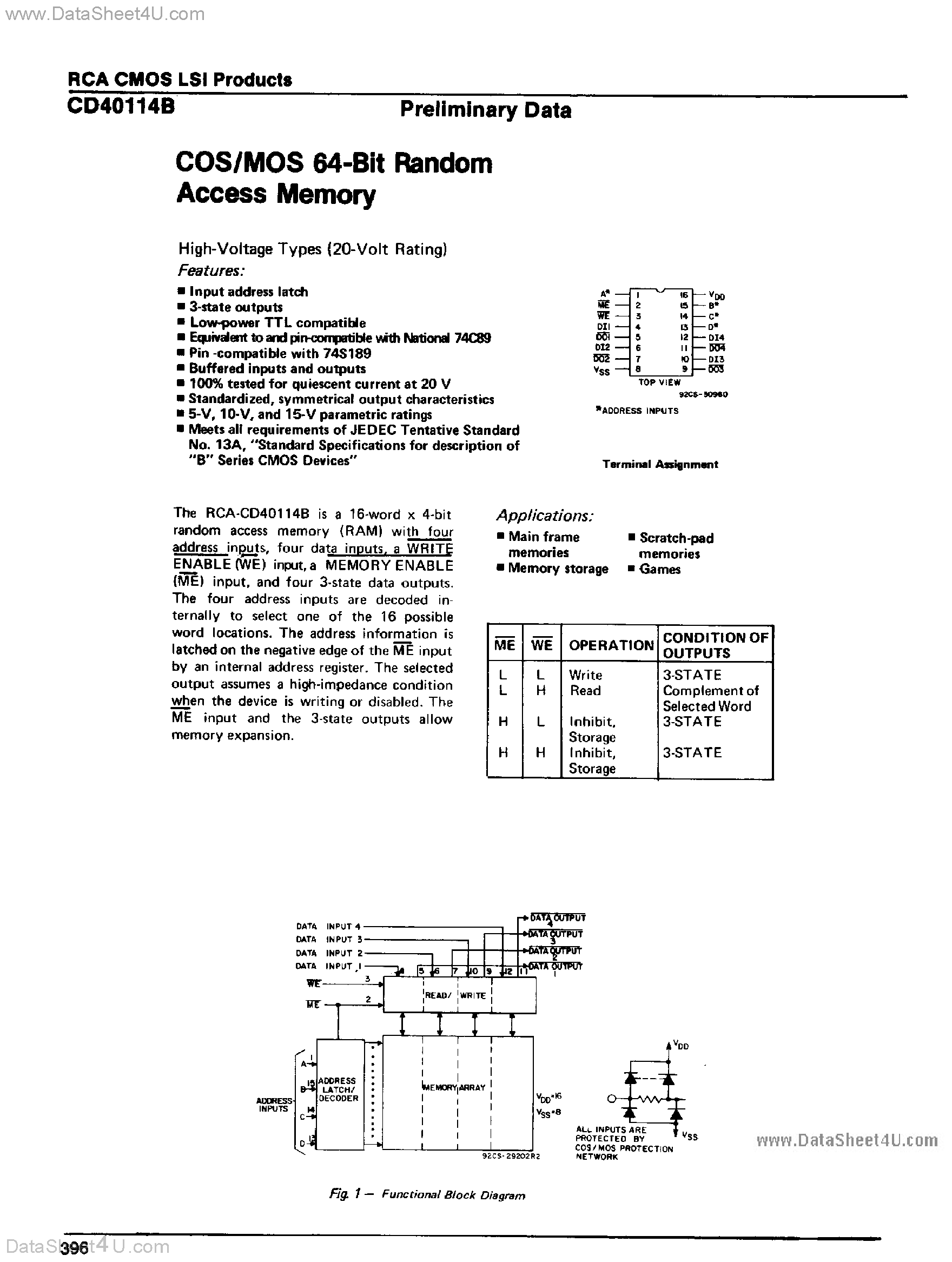 Datasheet CD40114B page 1 Datasheet CD40114B - COS / MOS 64-Bit RAM page 1
