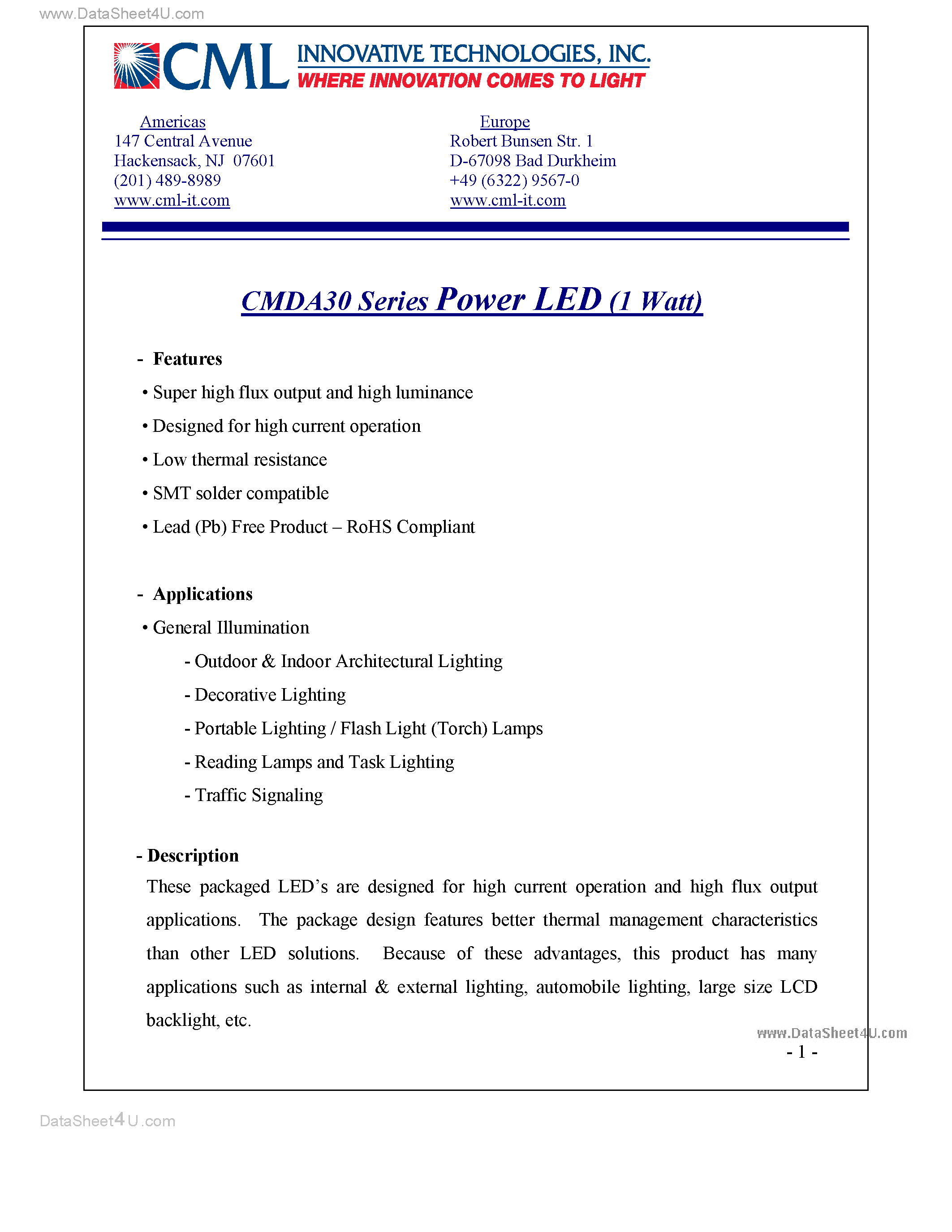 Даташит на микросхему CMDA30 страница 1 Даташит CMDA30 - Power LED (1 Watt) страница 1
