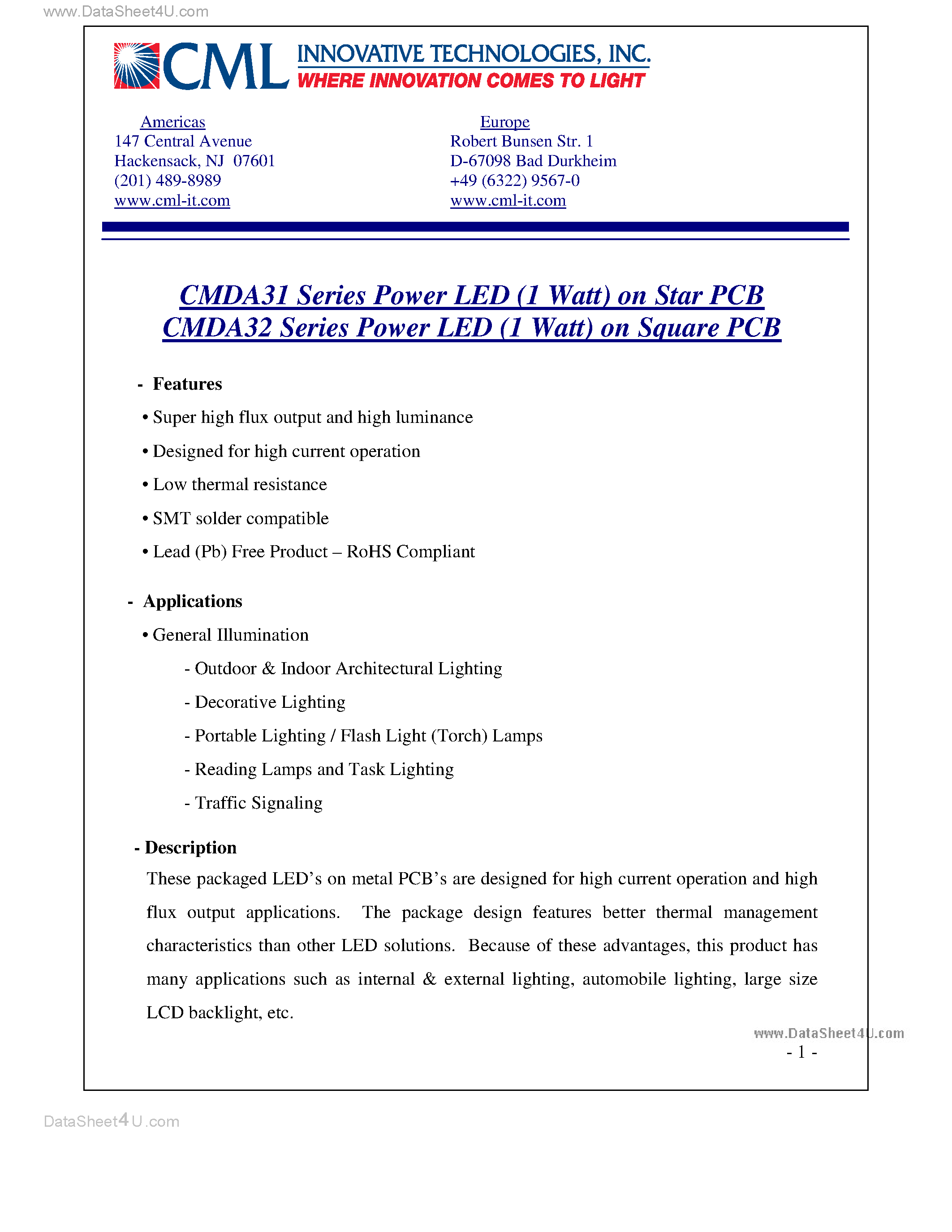 Datasheet CMDA31 - (CMDA31 / CMDA32) Power LED (1 Watt) on Star PCB page 1