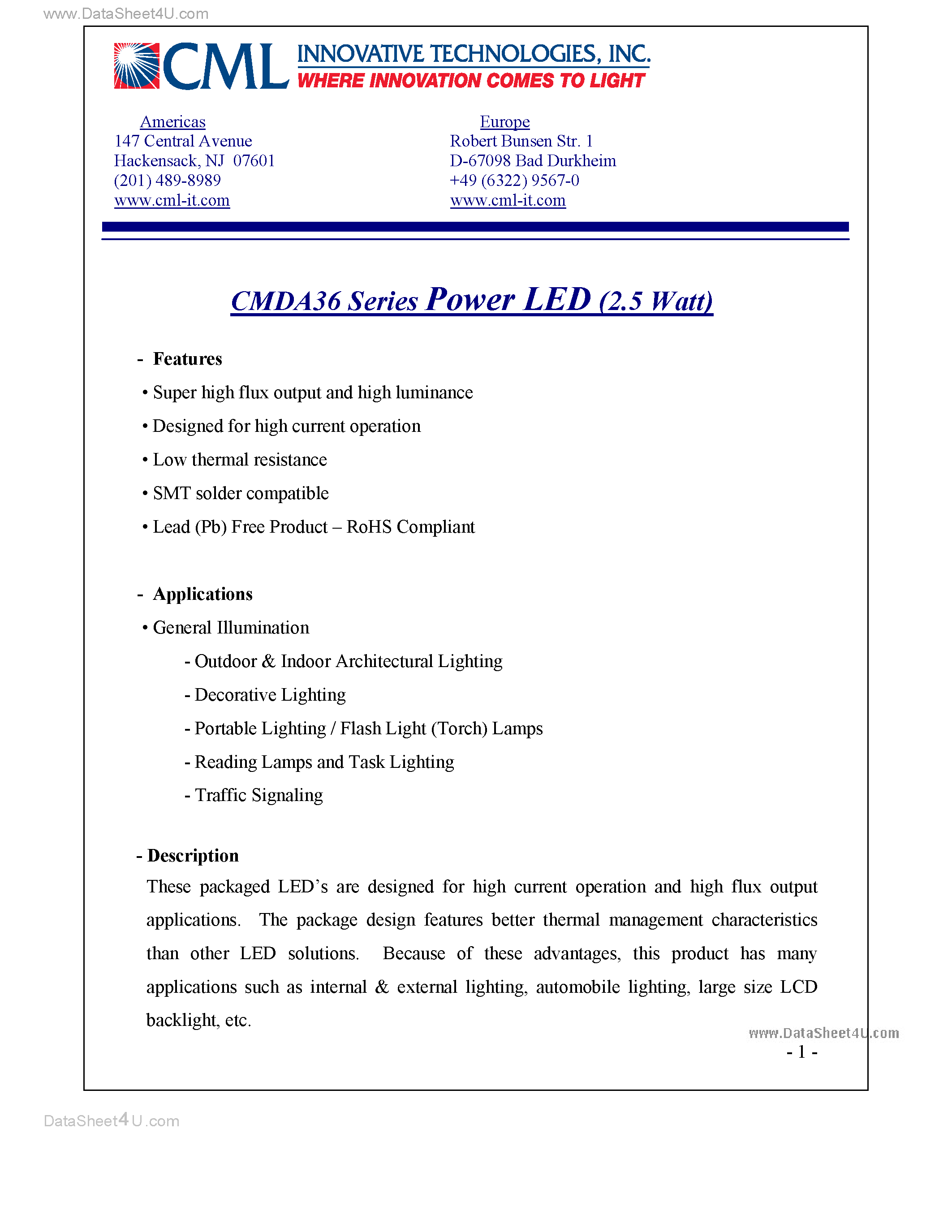 Datasheet CMDA36 - Power LED (2.5 Watt) page 1