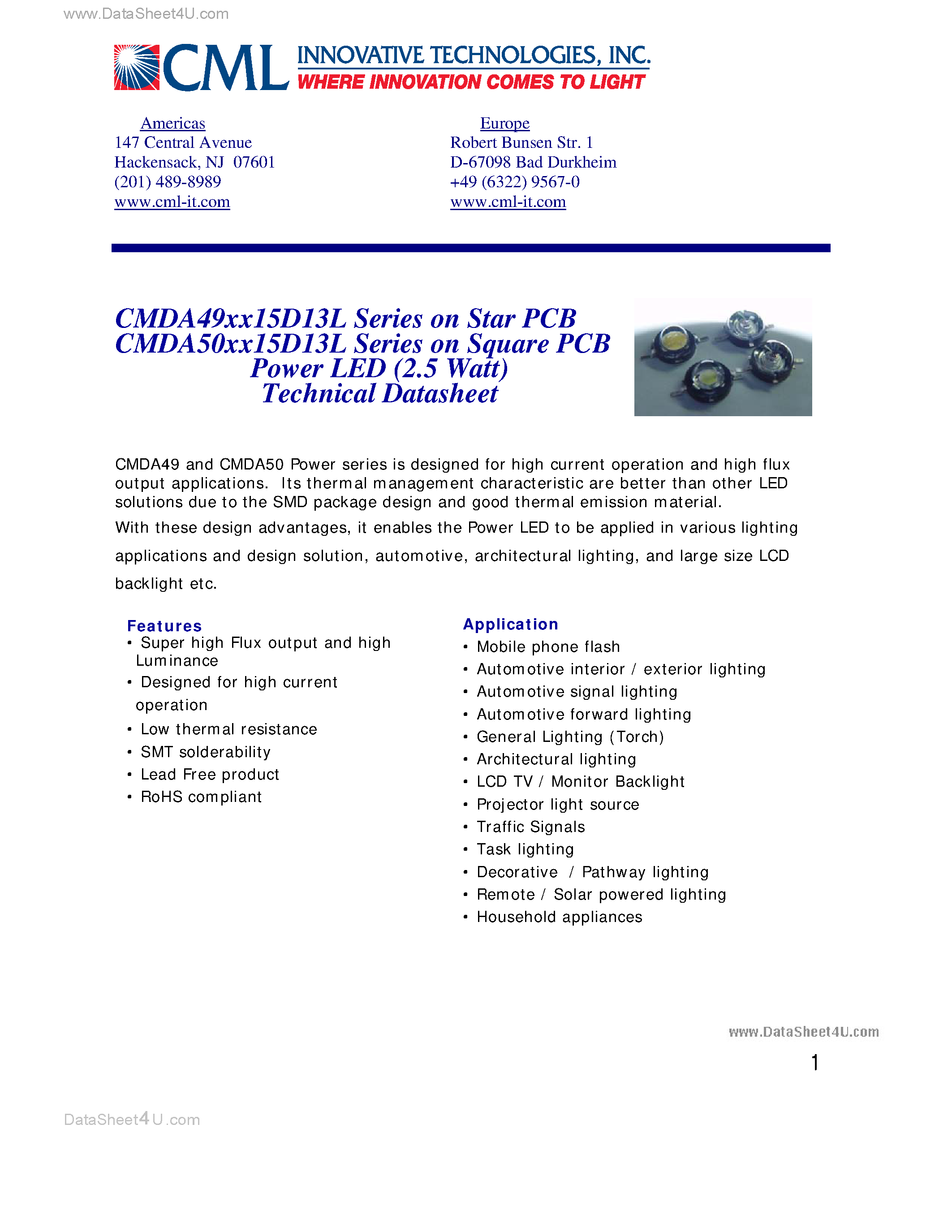 Datasheet CMDA49 - (CMDA49 / CMDA50) Power LED (2.5 Watt) Technical Datasheet page 1