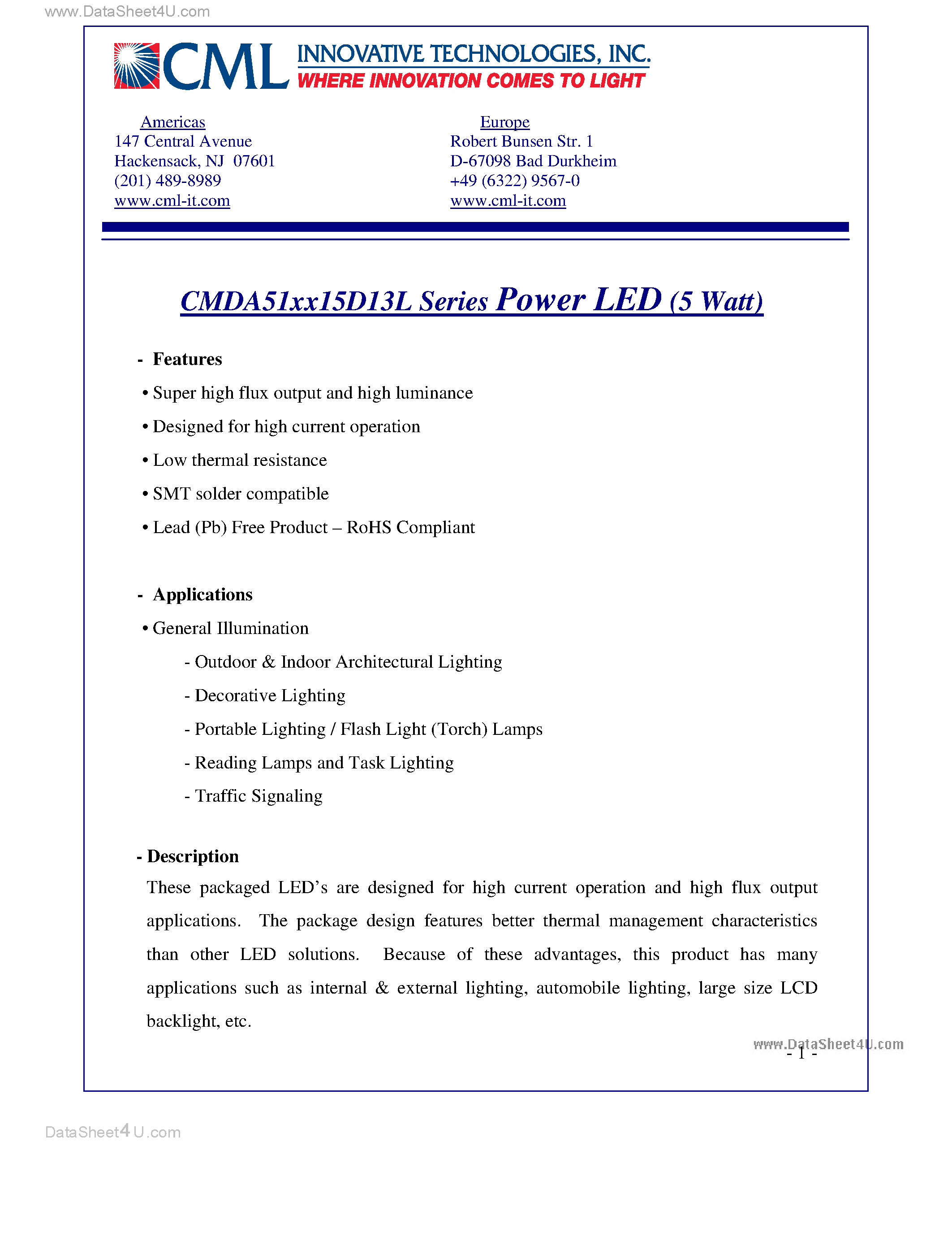 Datasheet CMDA51 - Power LED (5 Watt) page 1