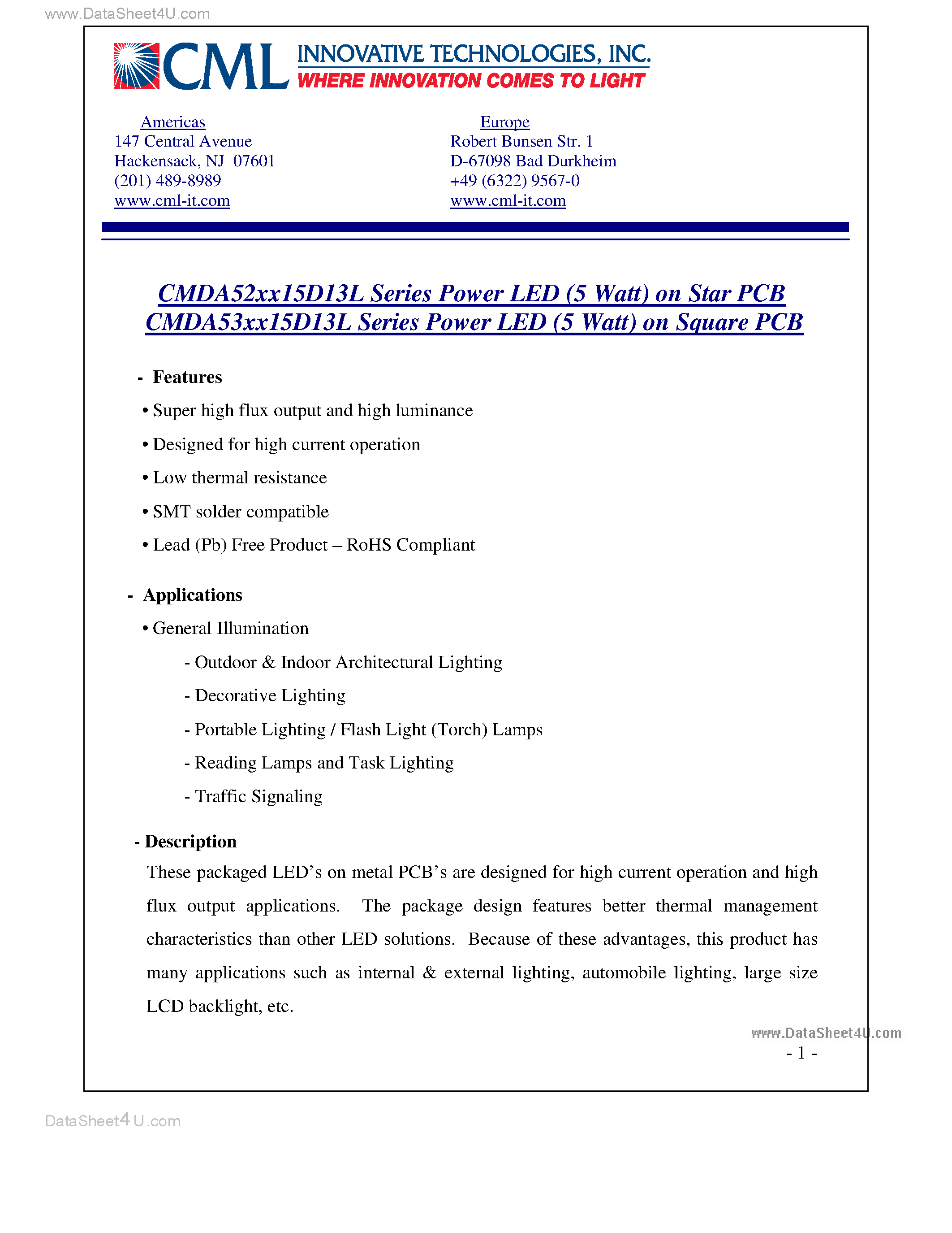 Datasheet CMDA52 - (CMDA52 / CMDA53) Power LED (5 Watt) on Star PCB page 1
