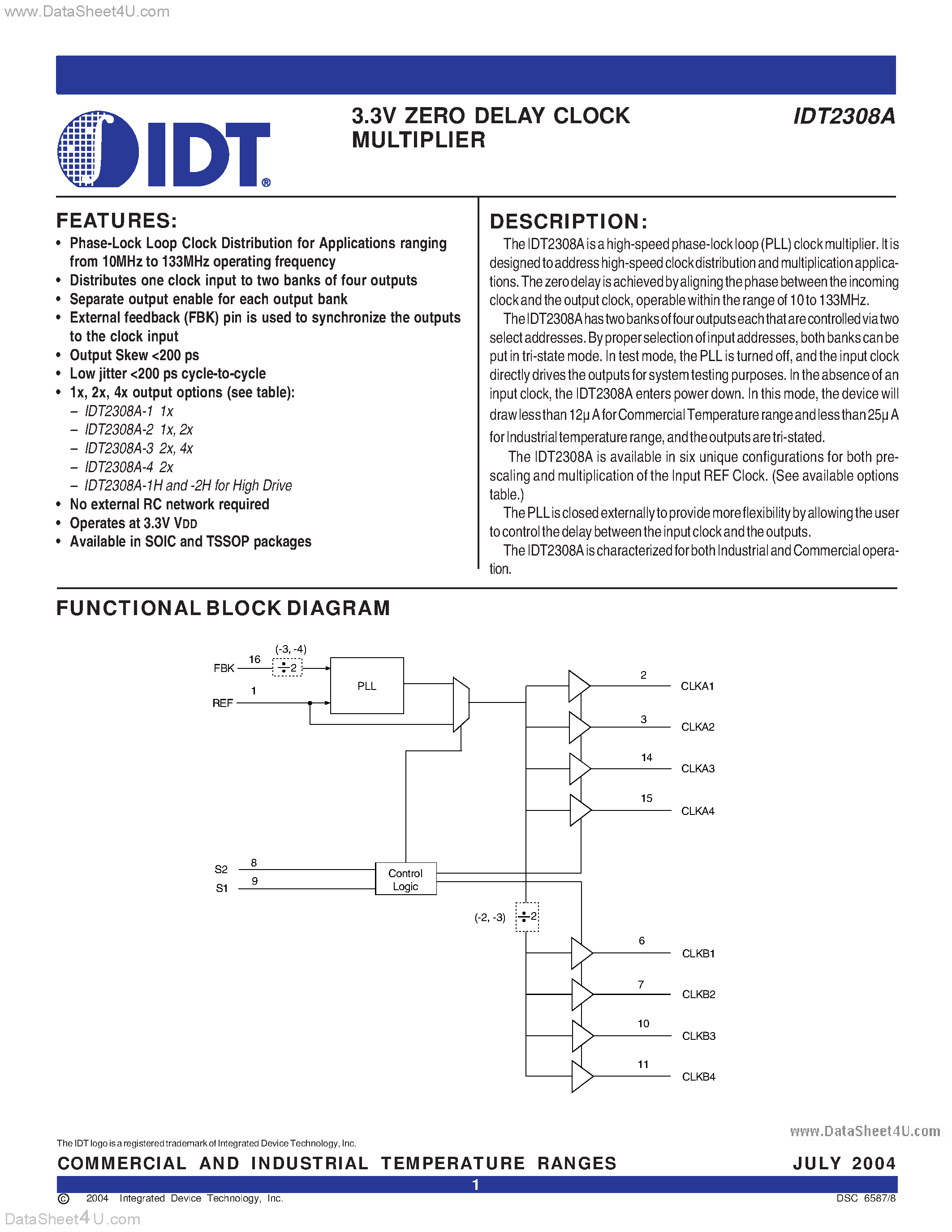 Даташит IDT2308A - 3.3V ZERO DELAY CLOCK MULTIPLIER страница 1