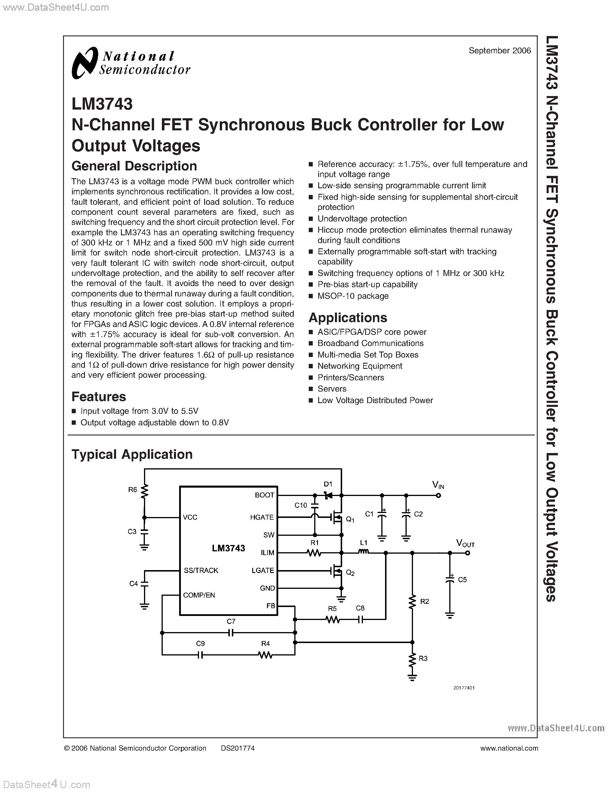 Datasheet LM3743 - N-Channel FET Synchronous Buck Controller page 1