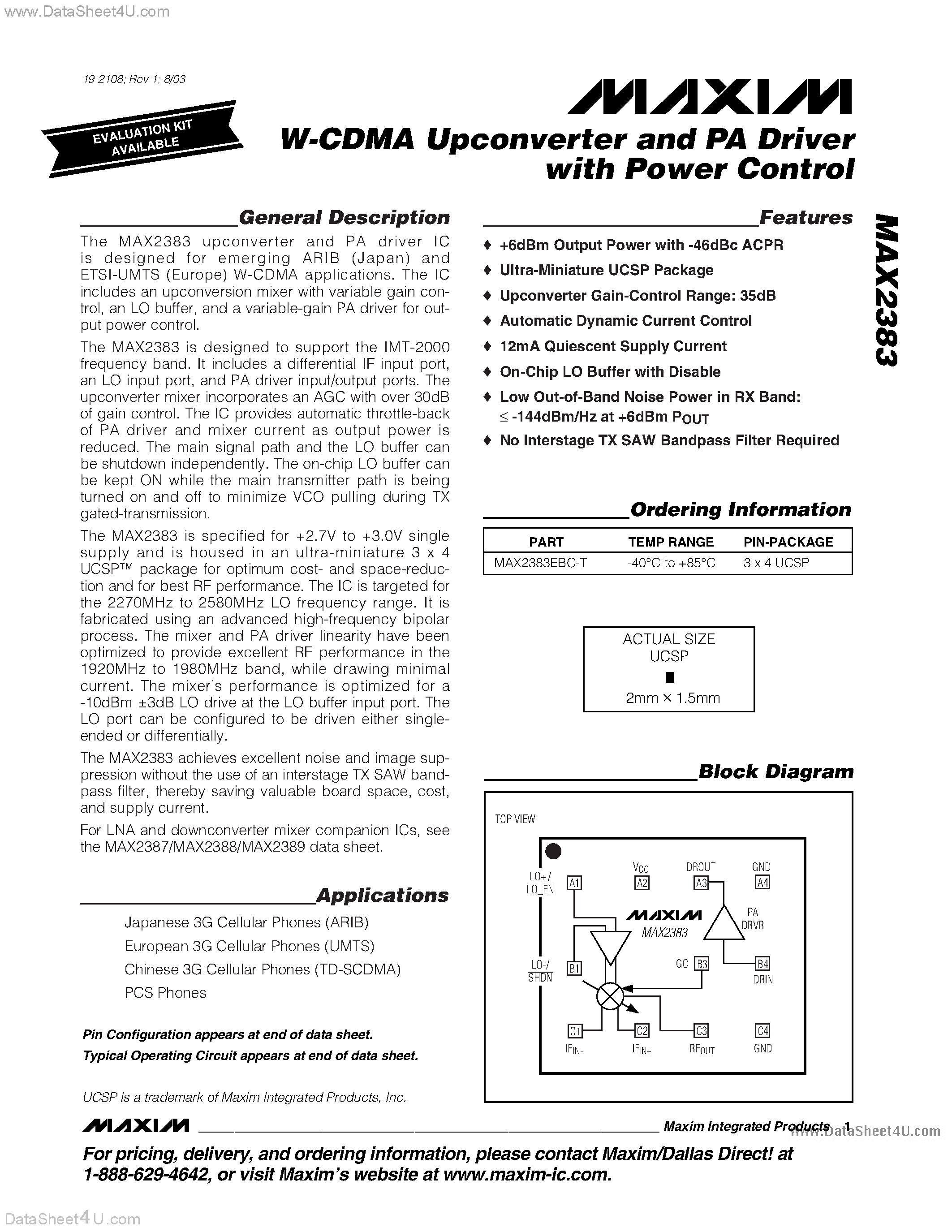 Datasheet MAX2383 - W-CDMA Upconverter and PA Driver page 1