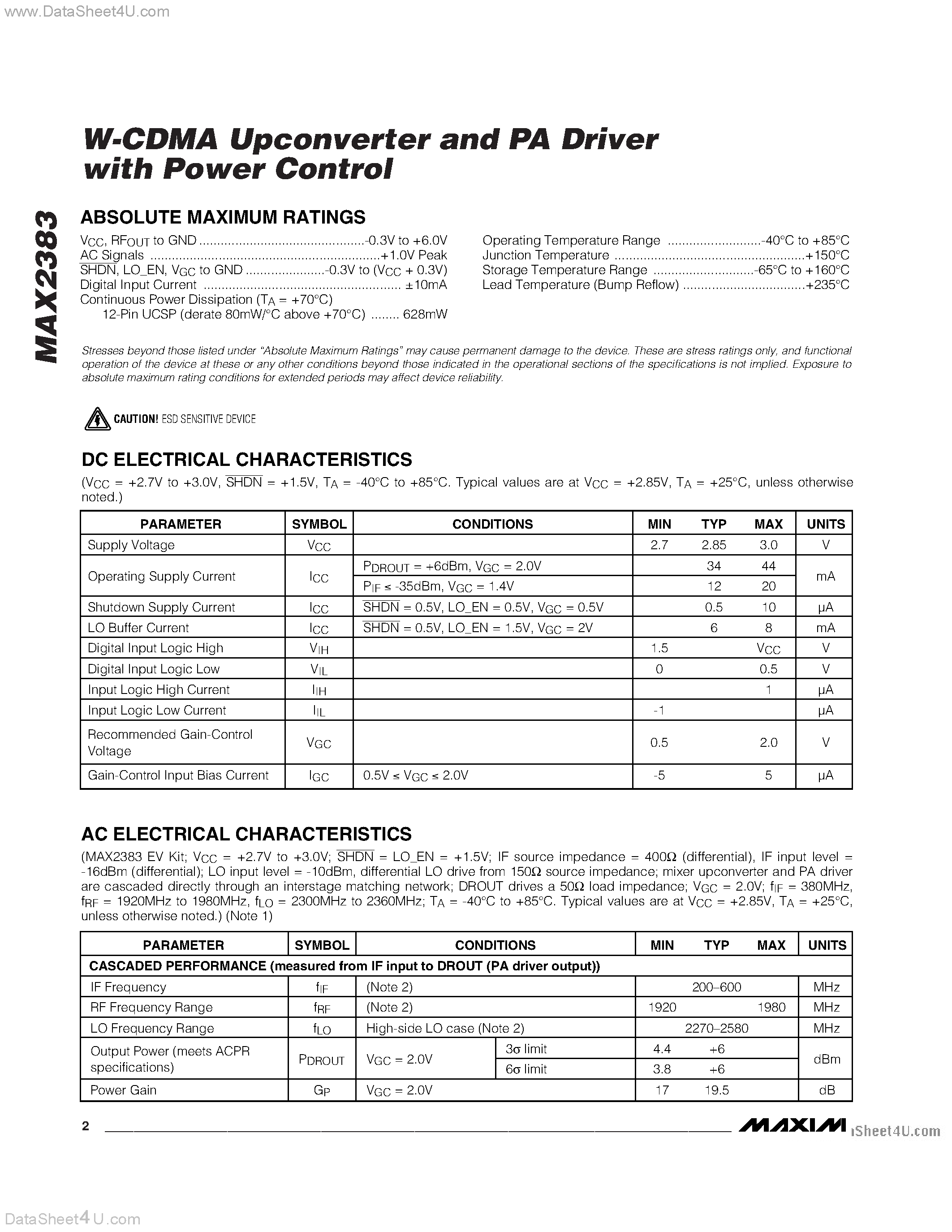 Datasheet MAX2383 - W-CDMA Upconverter and PA Driver page 2