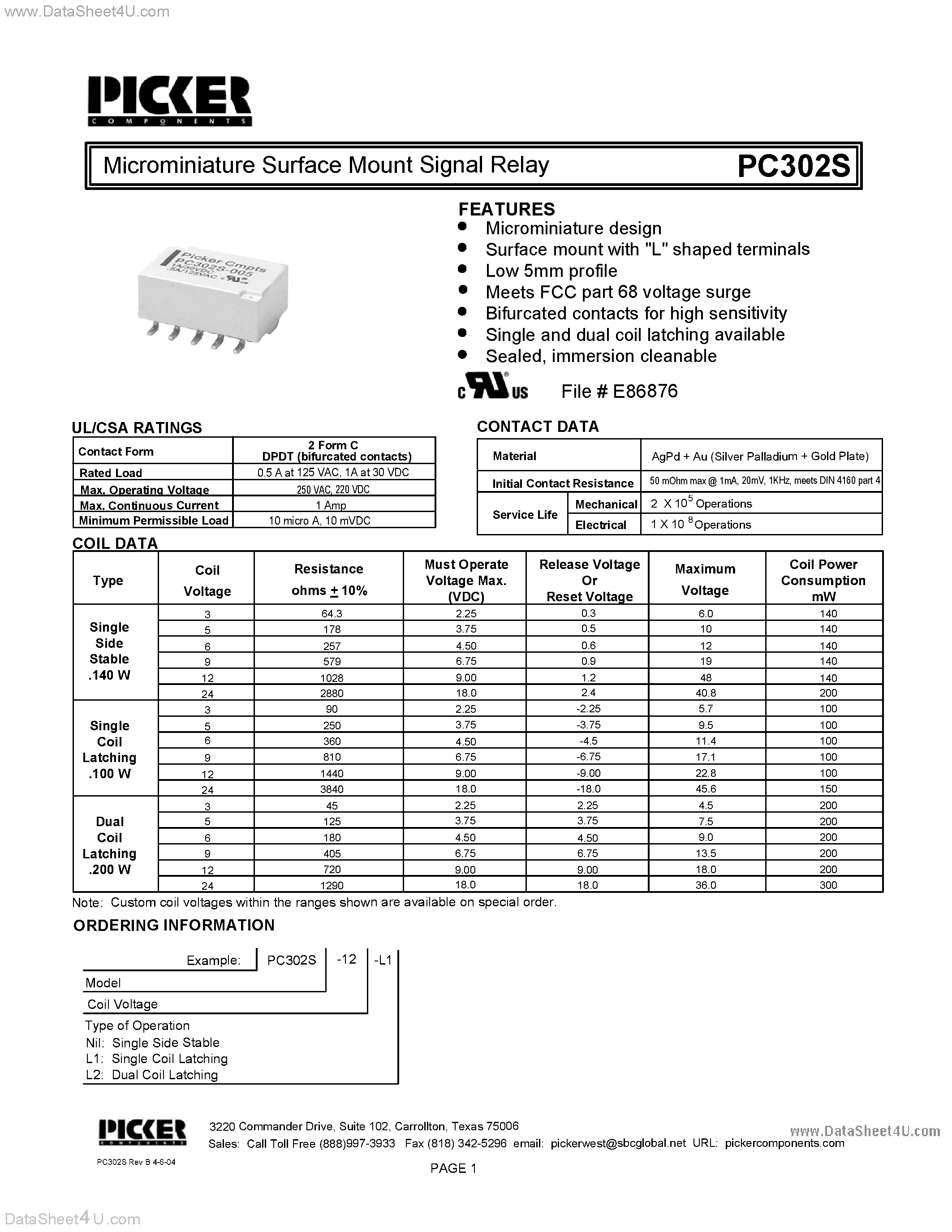 Datasheet PC302S - Microminiature Surface Mount Signal Relay page 1
