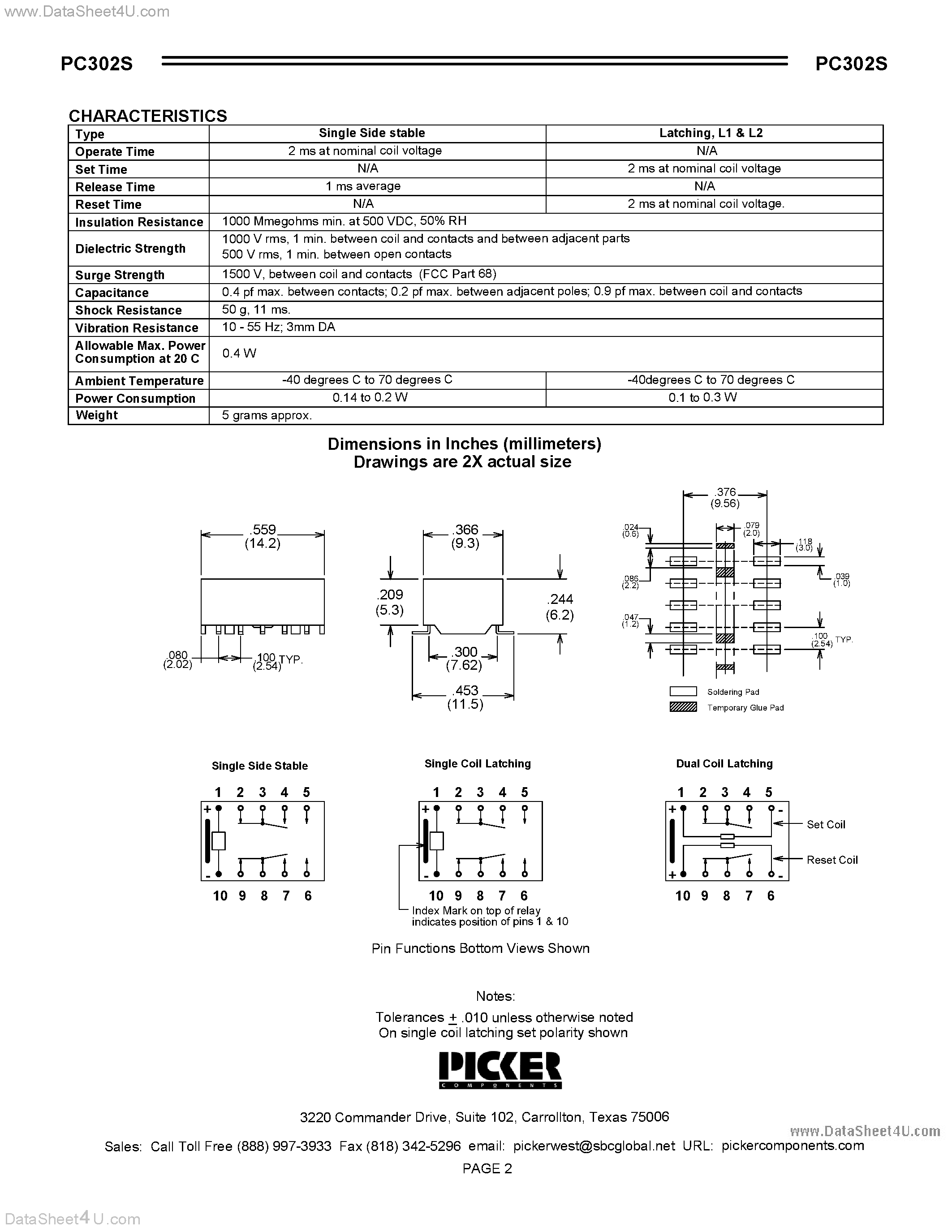 Datasheet PC302S - Microminiature Surface Mount Signal Relay page 2