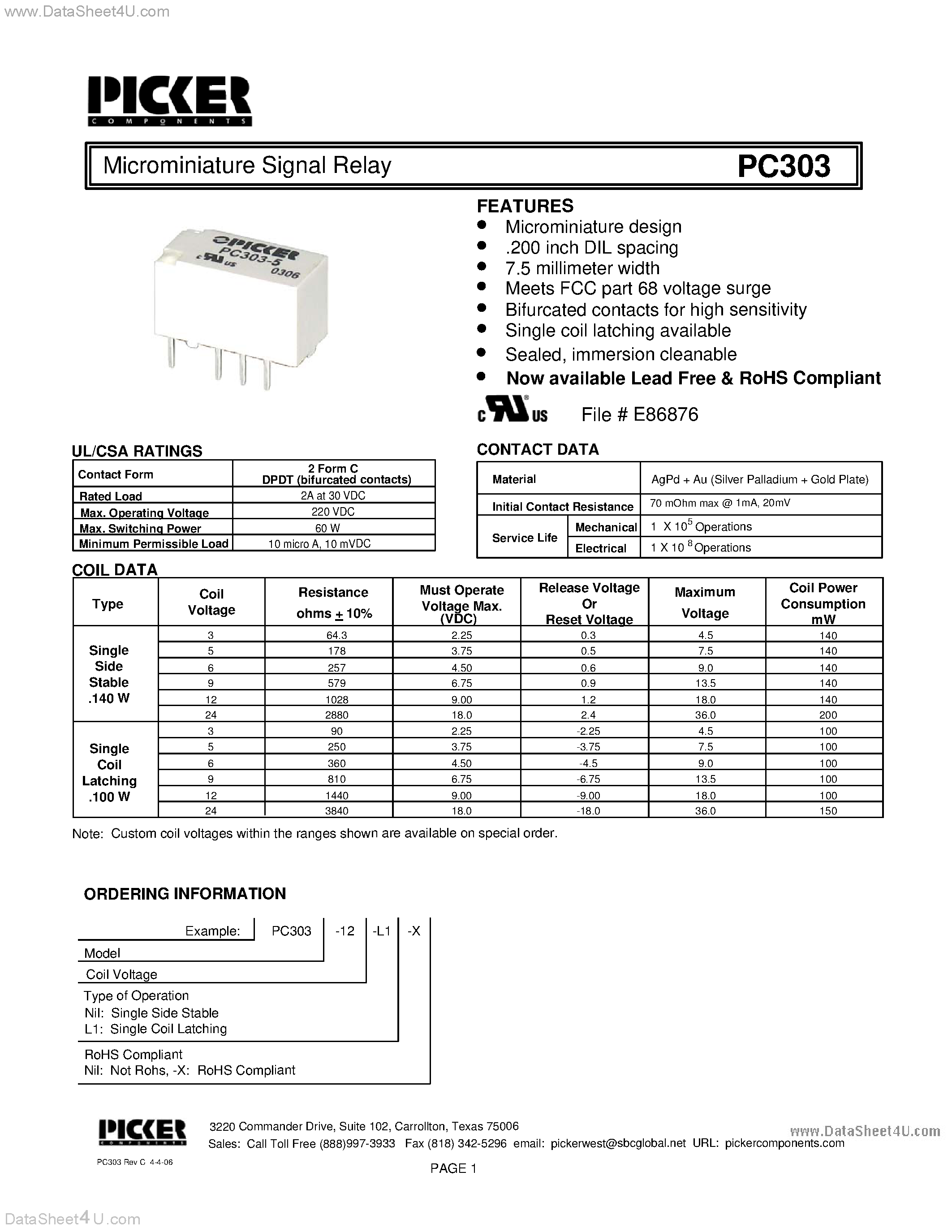 Datasheet PC303 - Microminiature Signal Relay page 1