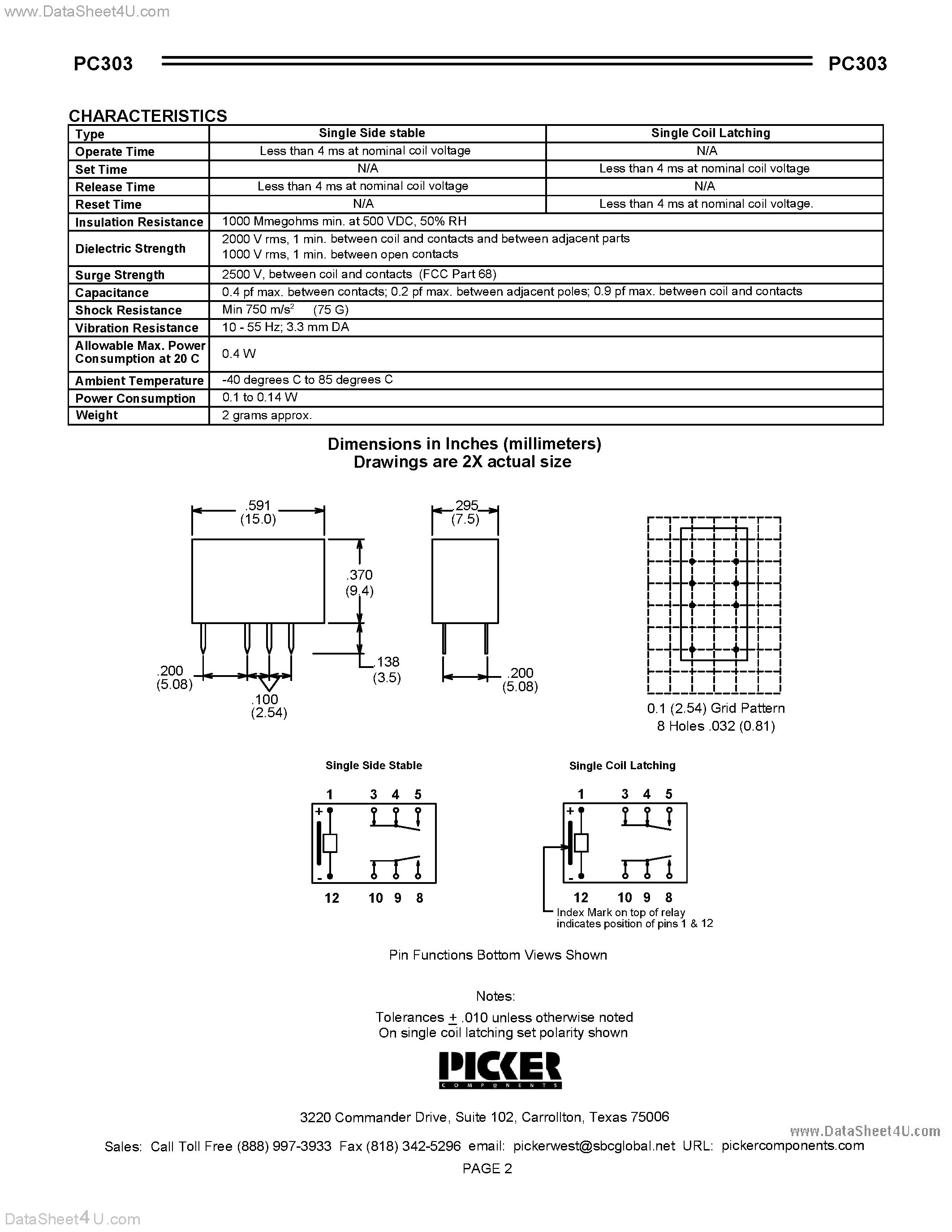 Datasheet PC303 - Microminiature Signal Relay page 2