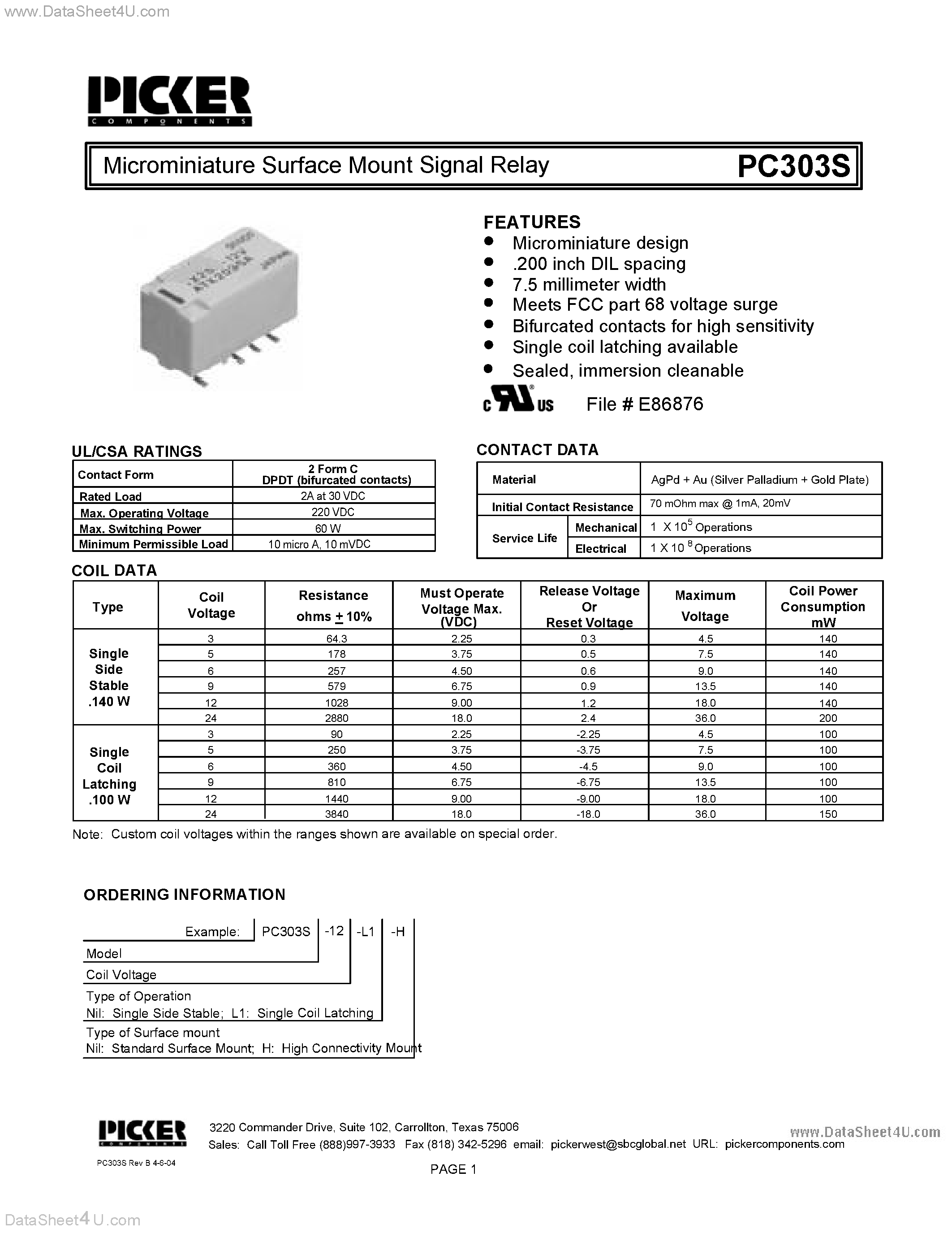 Datasheet PC303S - Microminiature Surface Mount Signal Relay page 1