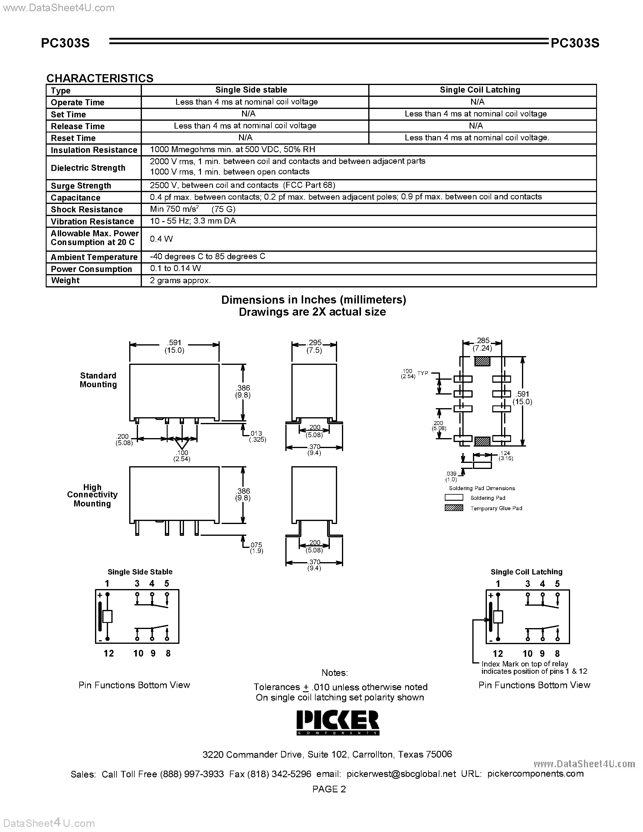 Datasheet PC303S - Microminiature Surface Mount Signal Relay page 2