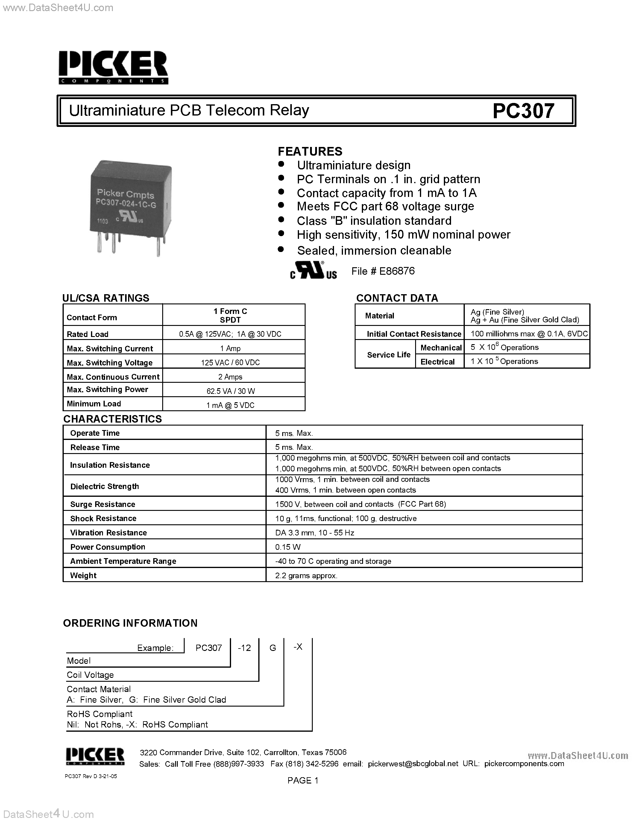 Datasheet PC307 - Ultraminiature PCB Telecom Relay page 1