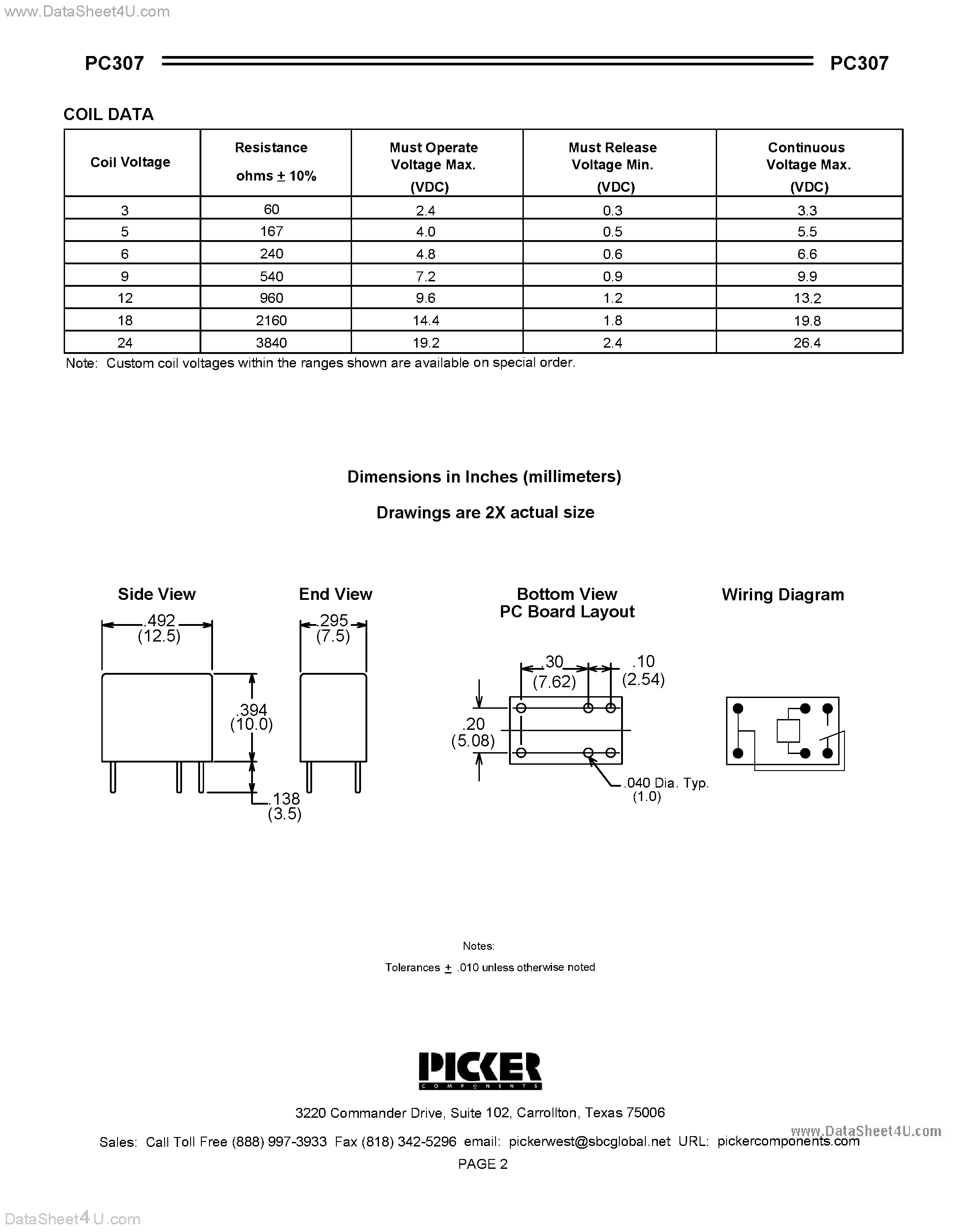 Datasheet PC307 - Ultraminiature PCB Telecom Relay page 2