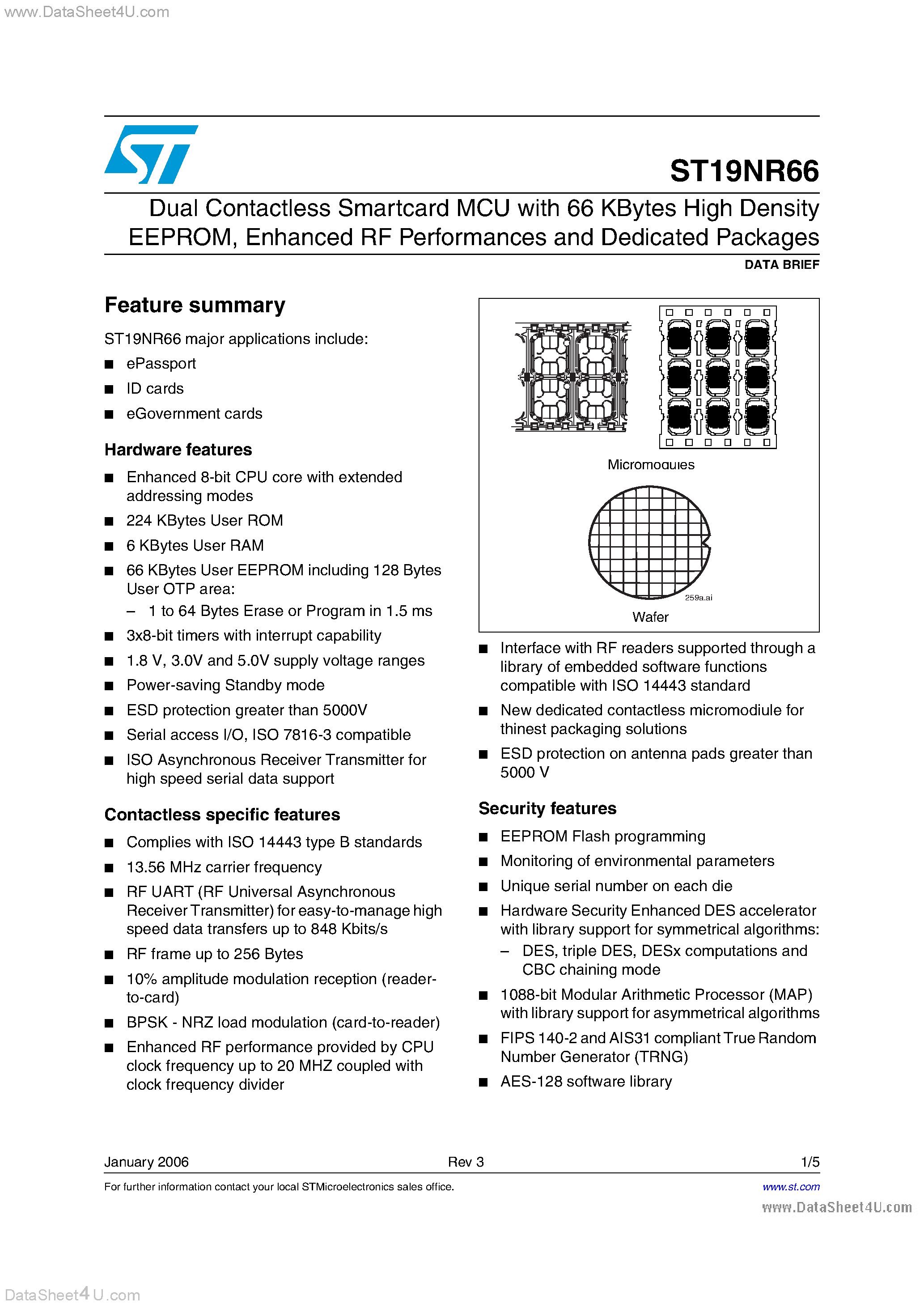 Datasheet ST19NR66 page 1 Datasheet ST19NR66 - Dual Contactless Smartcard MCU page 1