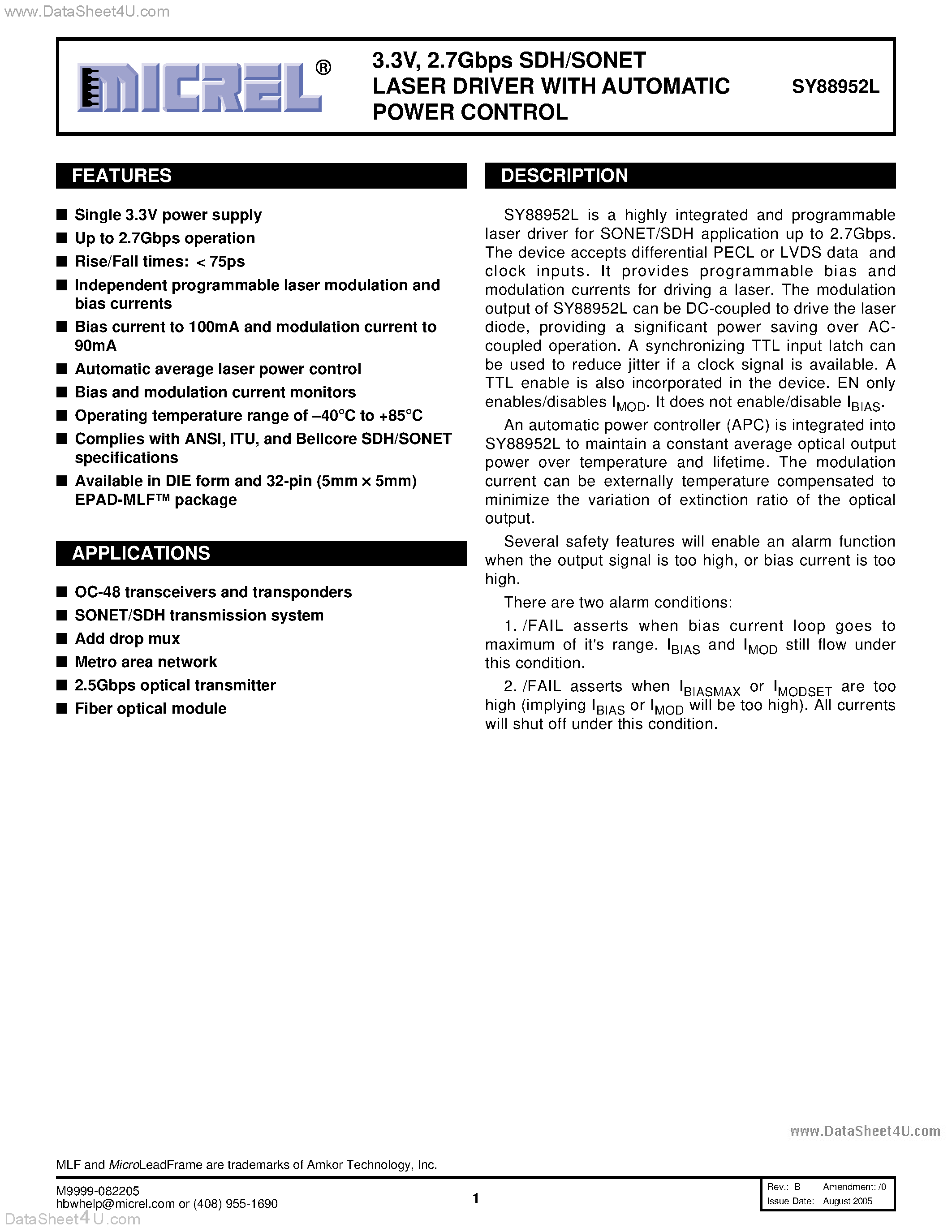 Datasheet SY88952L page 1 Datasheet SY88952L - 2.7Gbps SDH/SONET LASER DRIVER page 1