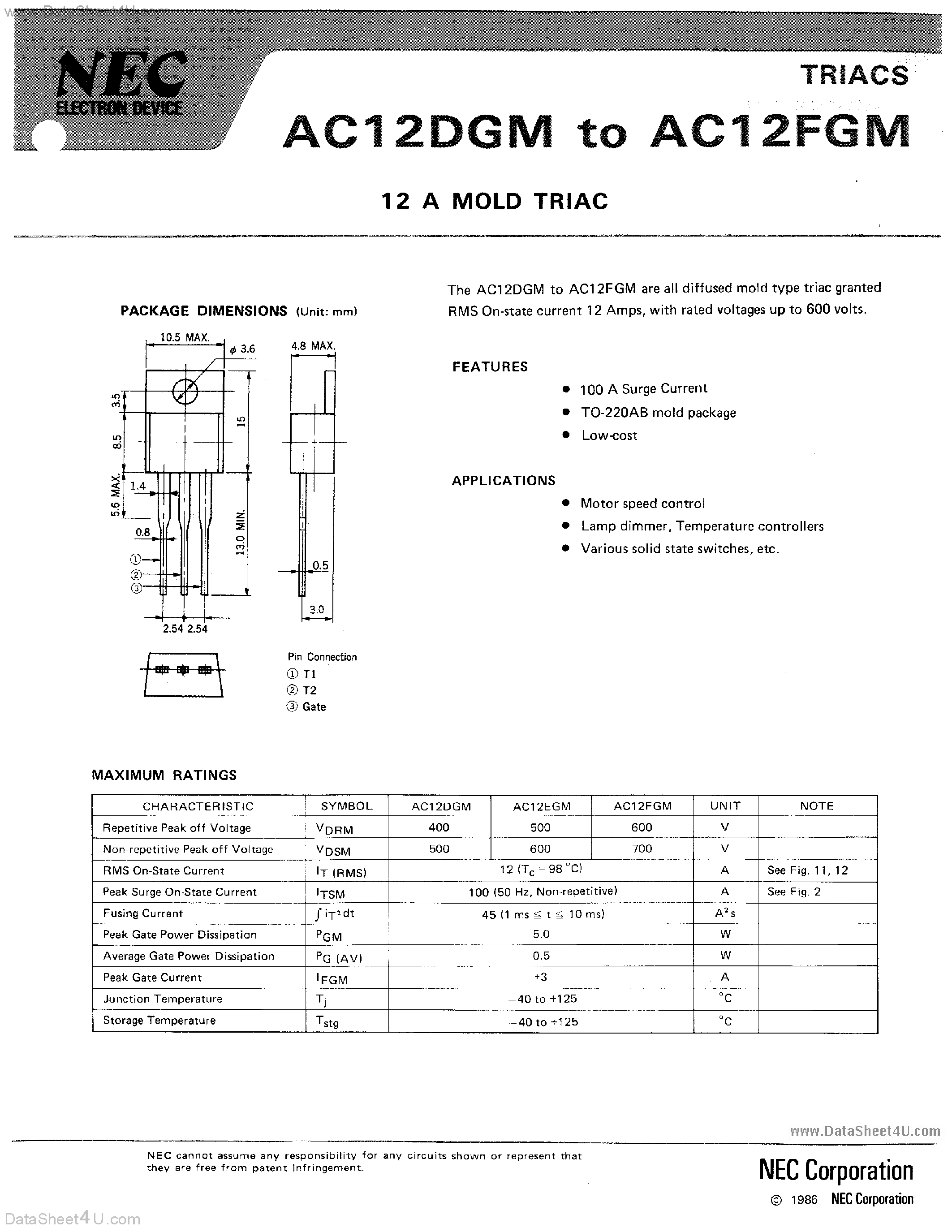 Datasheet AC12DGM page 1 Datasheet AC12DGM - (AC12DGM - AC12FGM) 12A MOLD TRIAC page 1