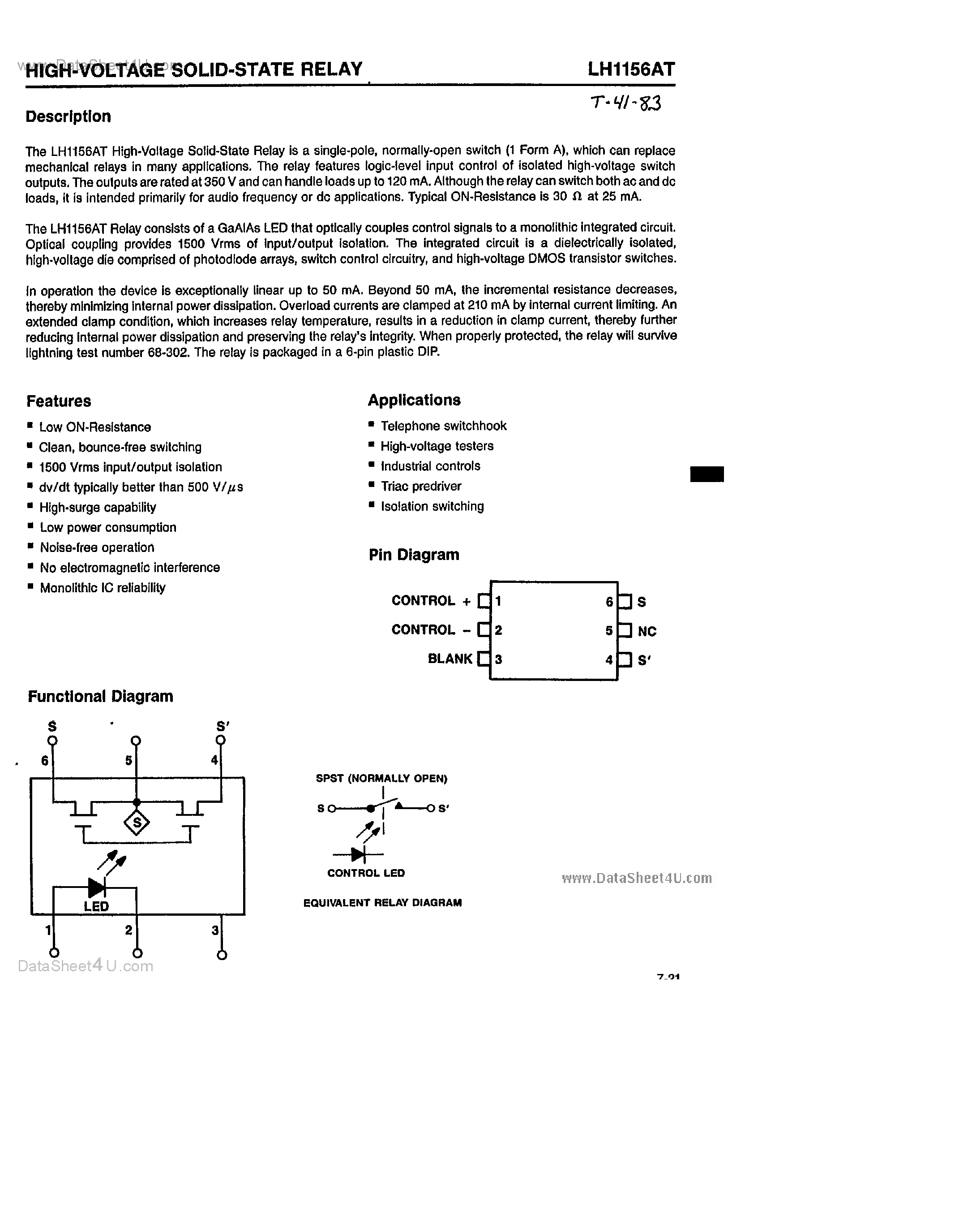 Даташит LH1156AT - High Voltage Solid State Relay страница 1