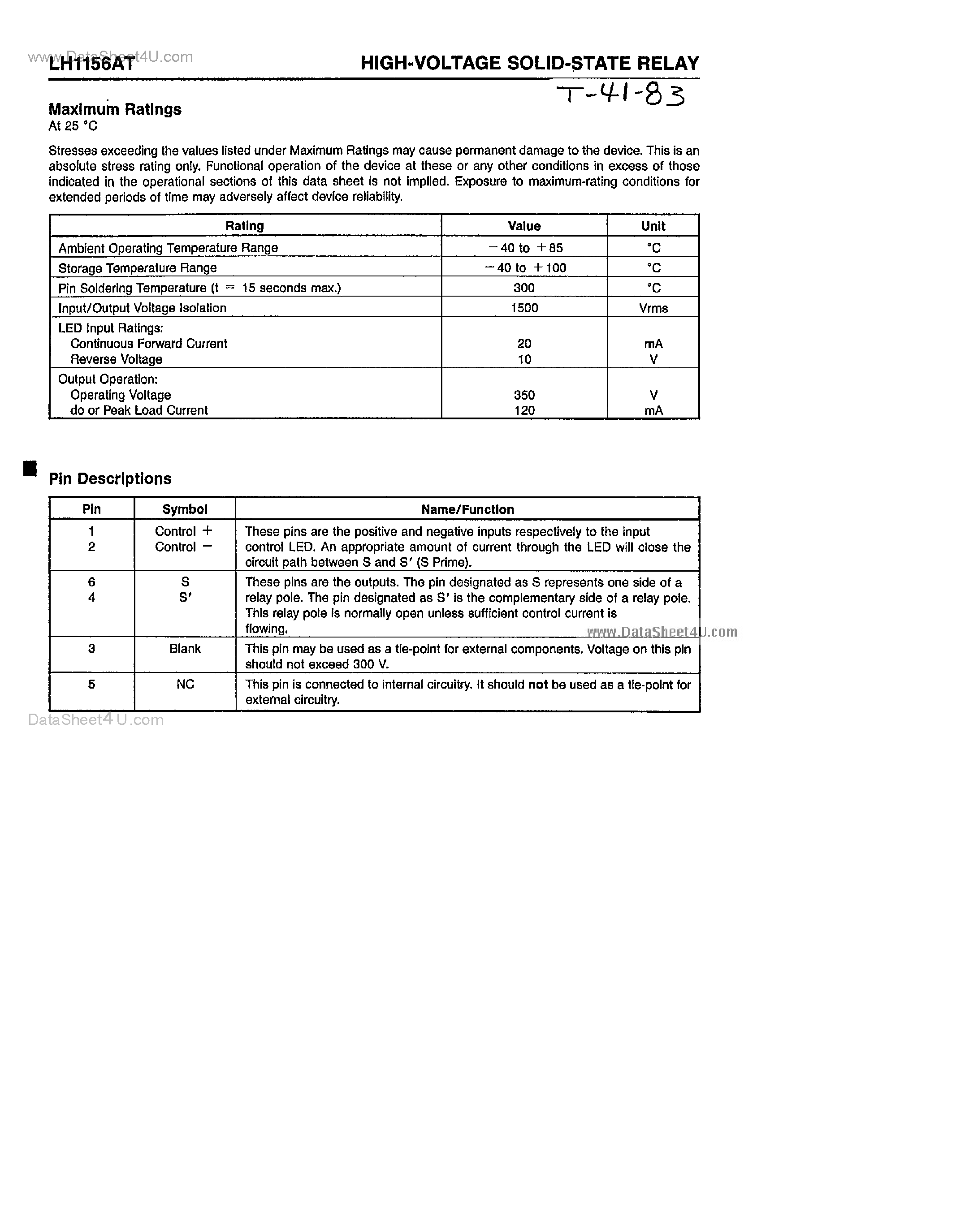 Даташит LH1156AT - High Voltage Solid State Relay страница 2