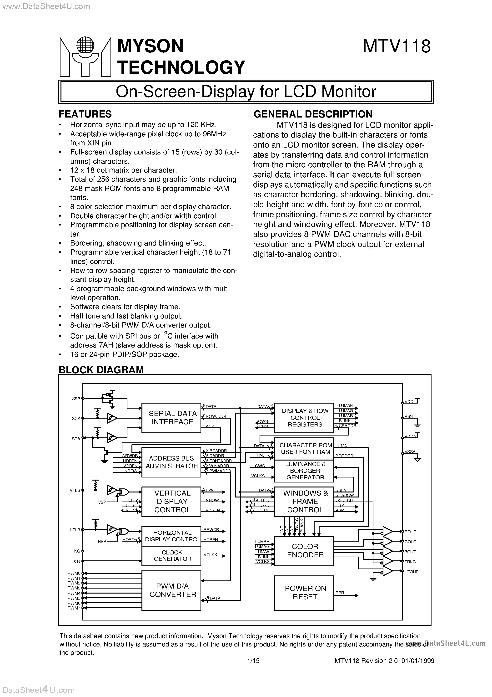 Datasheet MTV118 page 1 Datasheet MTV118 - On-Screen-Display page 1