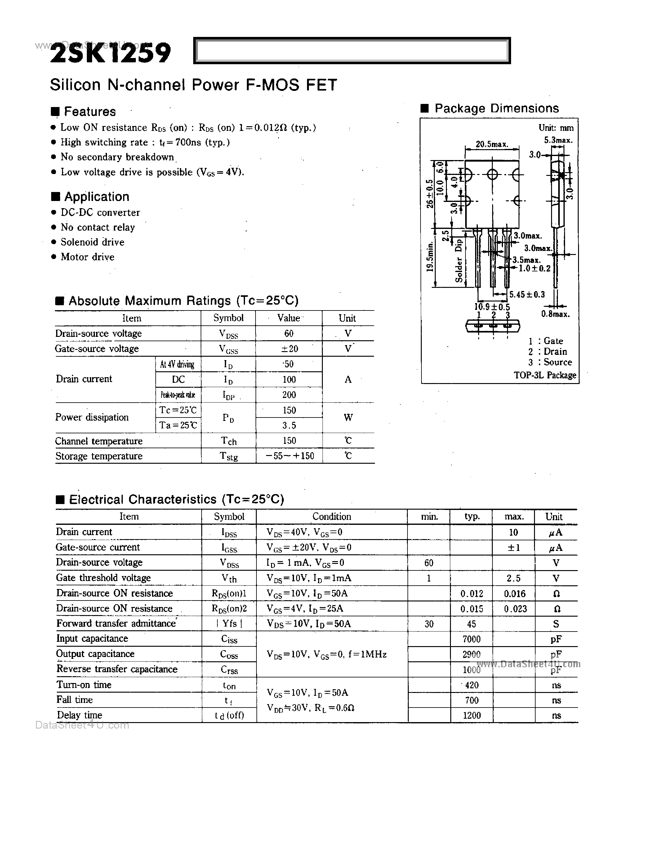 Даташит 2SK1259 - SILICON N-CHANNEL POWER F-MOS FET страница 1