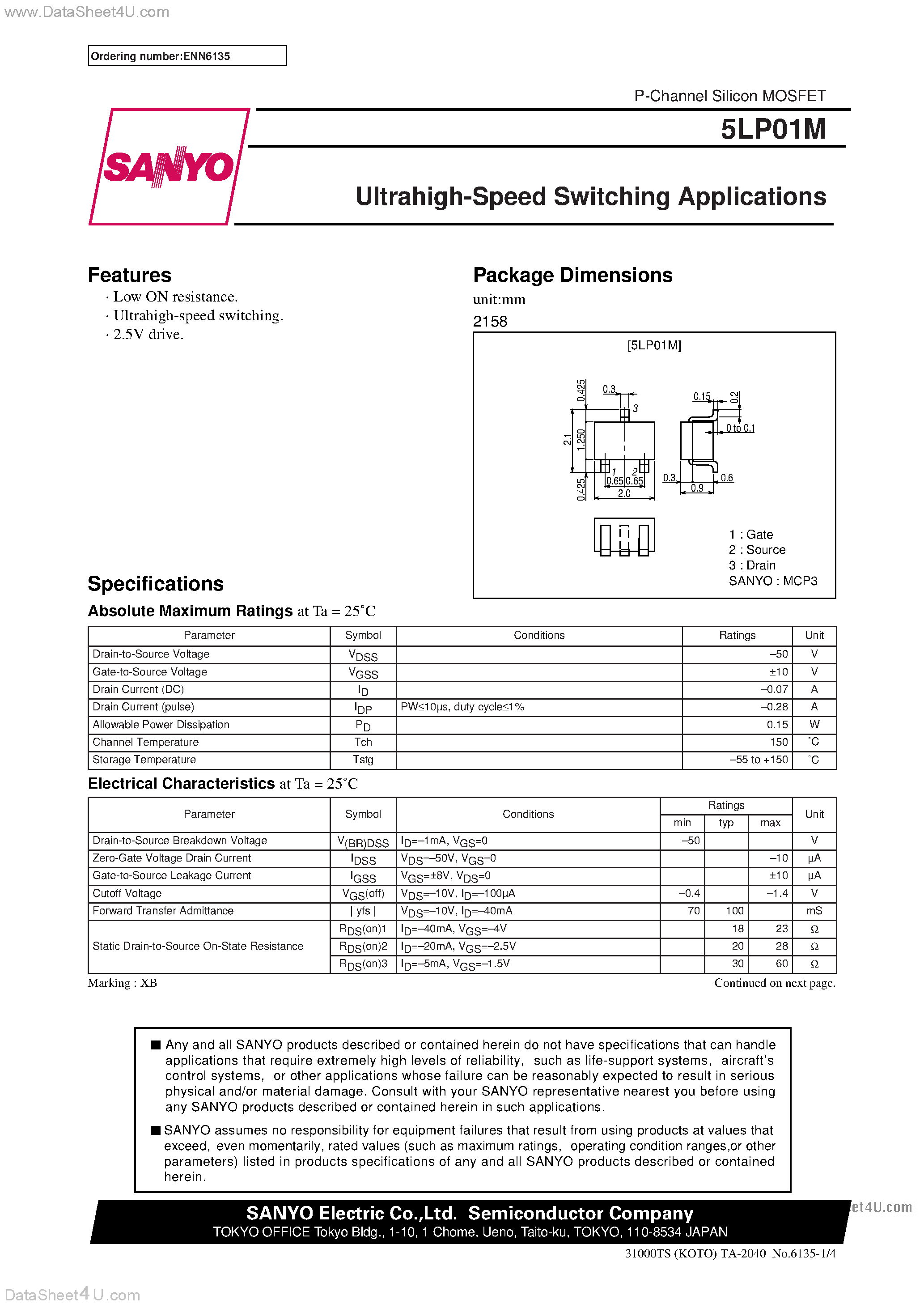 Даташит 5LP01M - ULTRAHIGH-SPEED SWITCHING APPLICATIONS страница 1