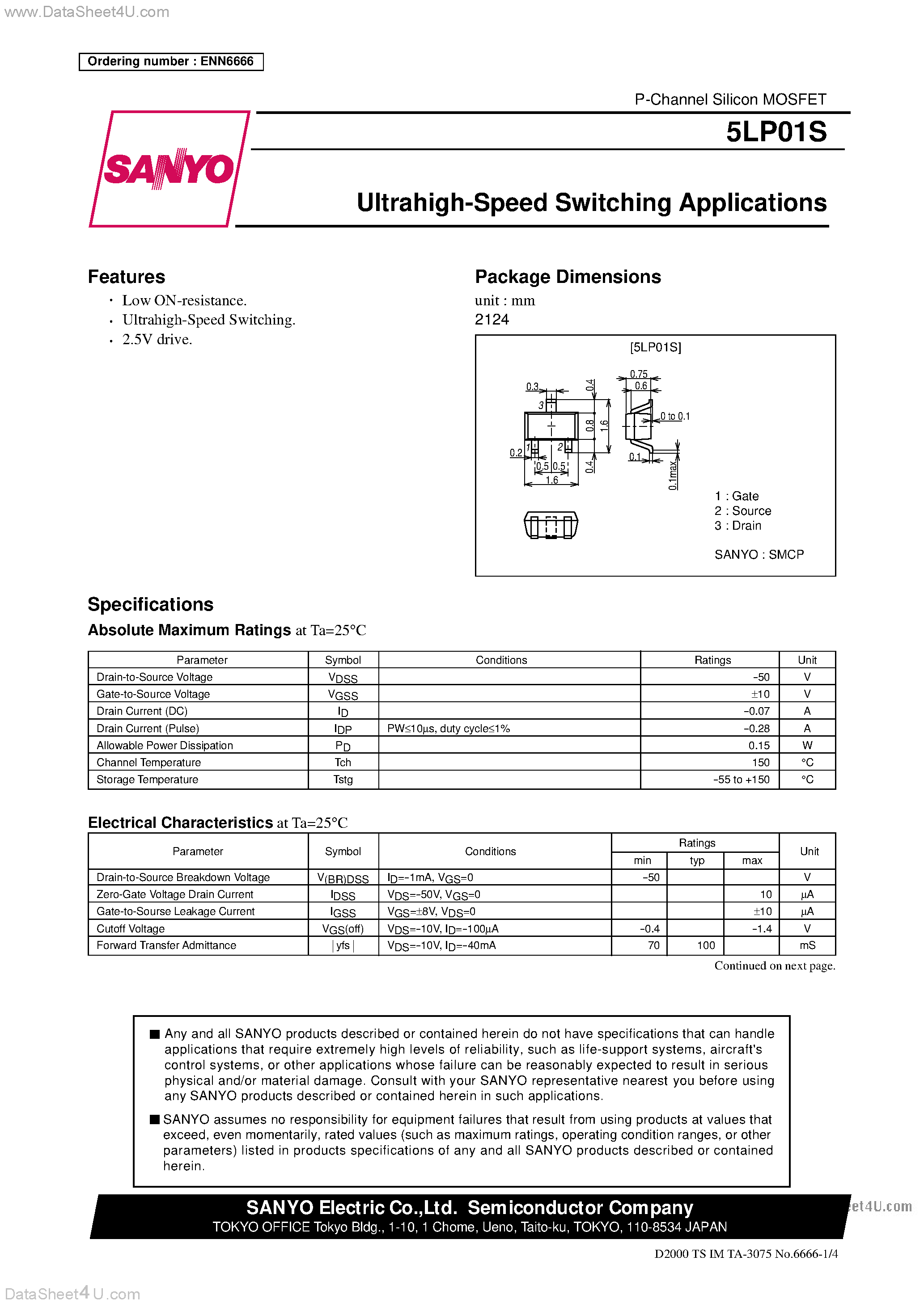 Даташит на микросхему 5LP01S страница 1 Даташит 5LP01S - Ultrahigh-Speed Switching Applications страница 1
