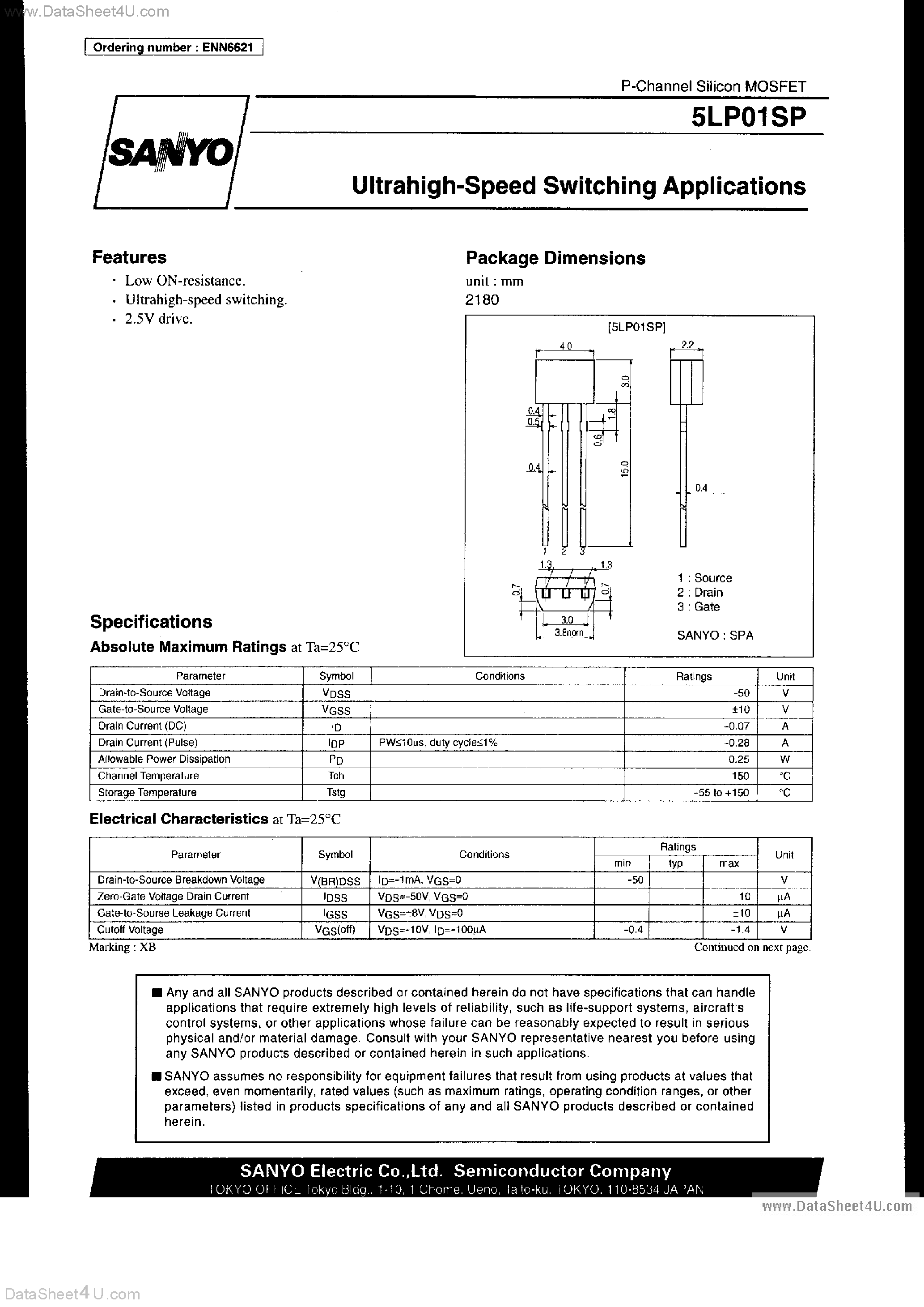 Даташит на микросхему 5LP01SP страница 1 Даташит 5LP01SP - Ultrahigh-Speed Switching Applications страница 1