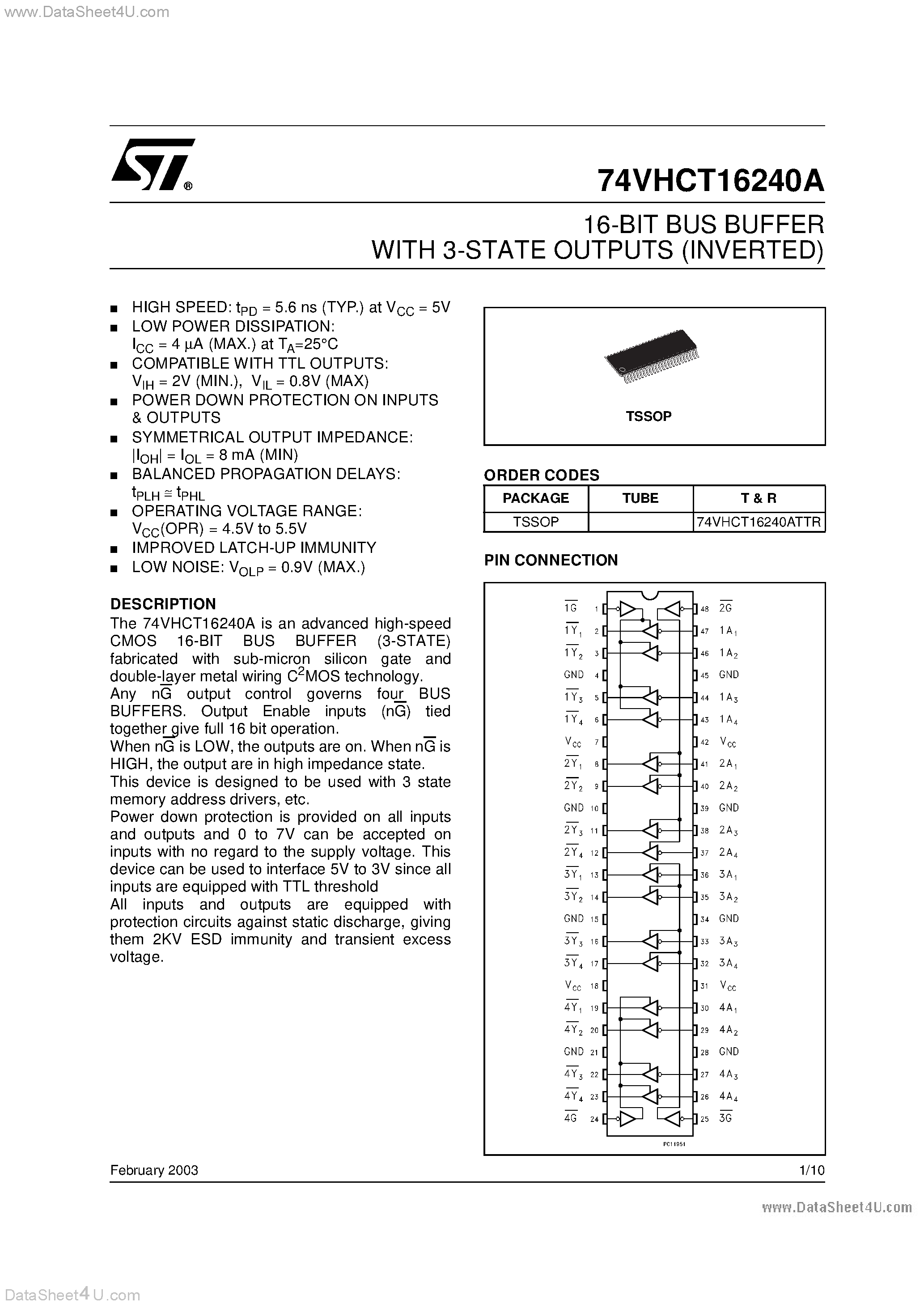 Datasheet 74VHCT16240A page 1 Datasheet 74VHCT16240A - 16-BIT BUS BUFFER page 1