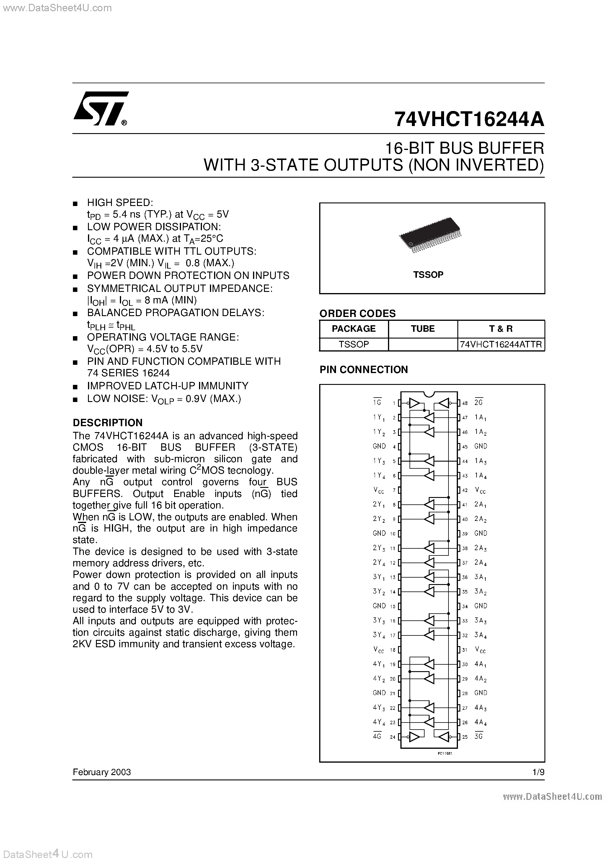 Datasheet 74VHCT16244A page 1 Datasheet 74VHCT16244A - 16-BIT BUS BUFFER page 1