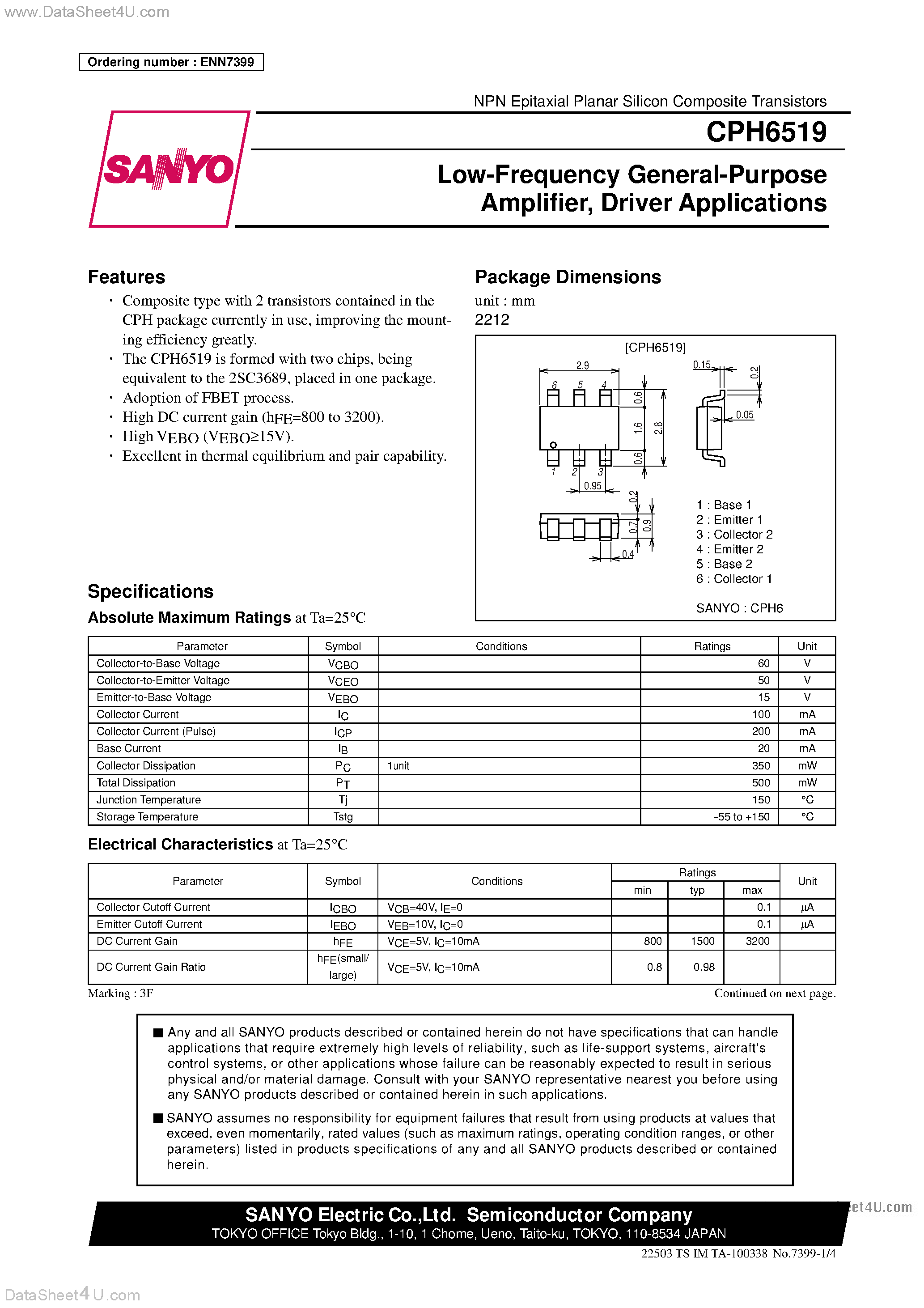 Даташит CPH6519 - NPN Epitaxial Planar Silicon Composite Transistors Low-Frequency General-Purpose Amplifier страница 1