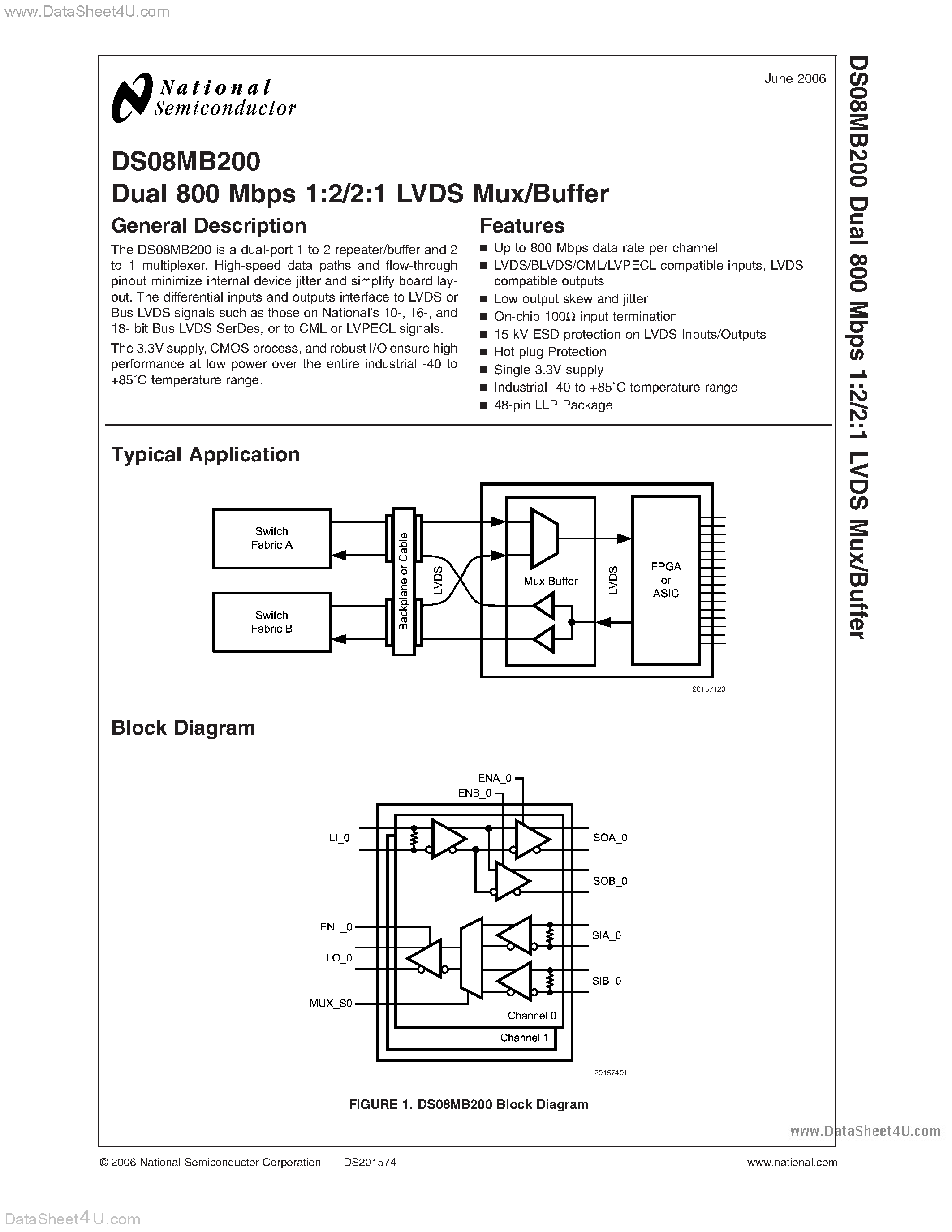 Datasheet DS08MB200 - Dual 800 Mbps 1:2/2:1 LVDS Mux/Buffer page 1