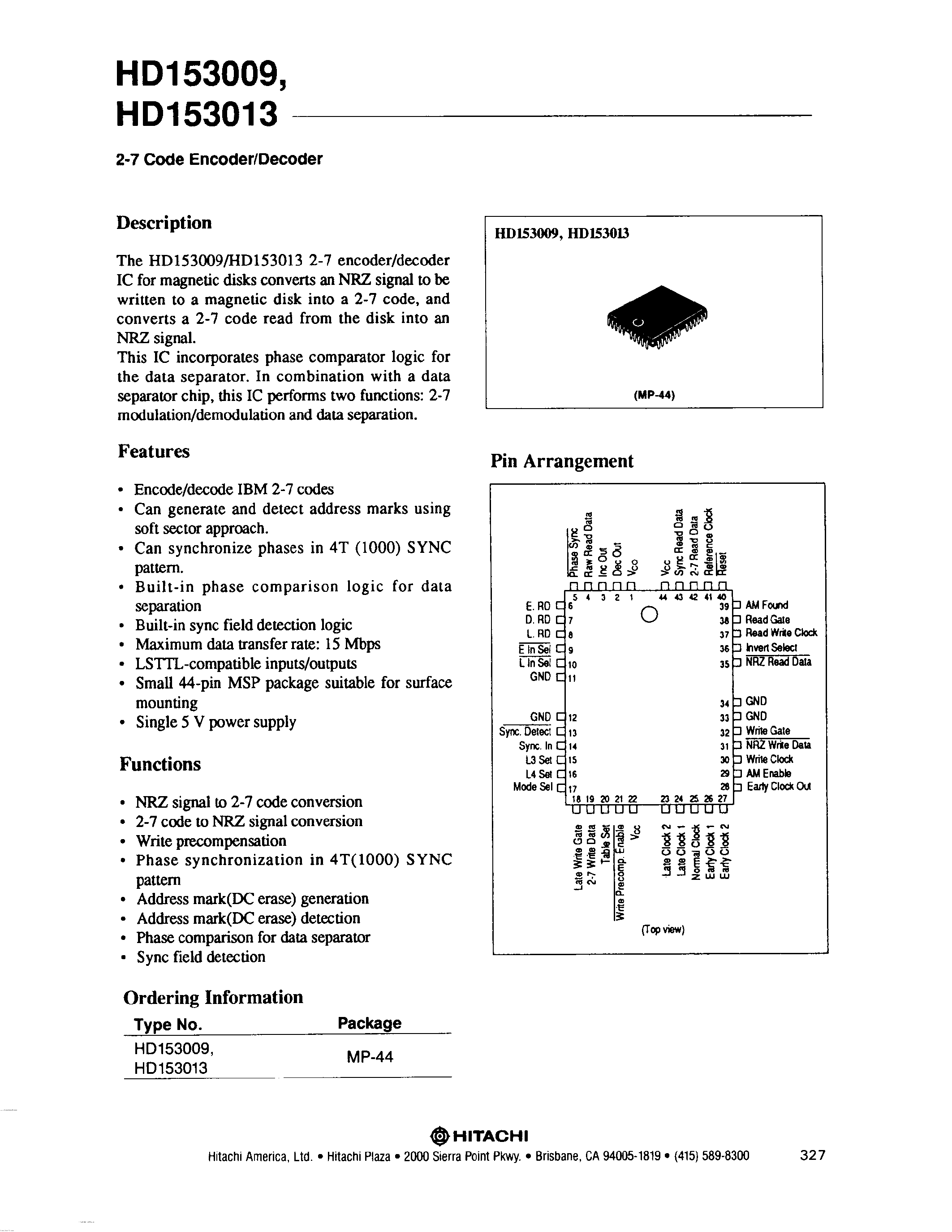 Datasheet HD153009 page 1 Datasheet HD153009 - (HD153009 / HD153013) 2-7 Code Encoder/Decoder page 1