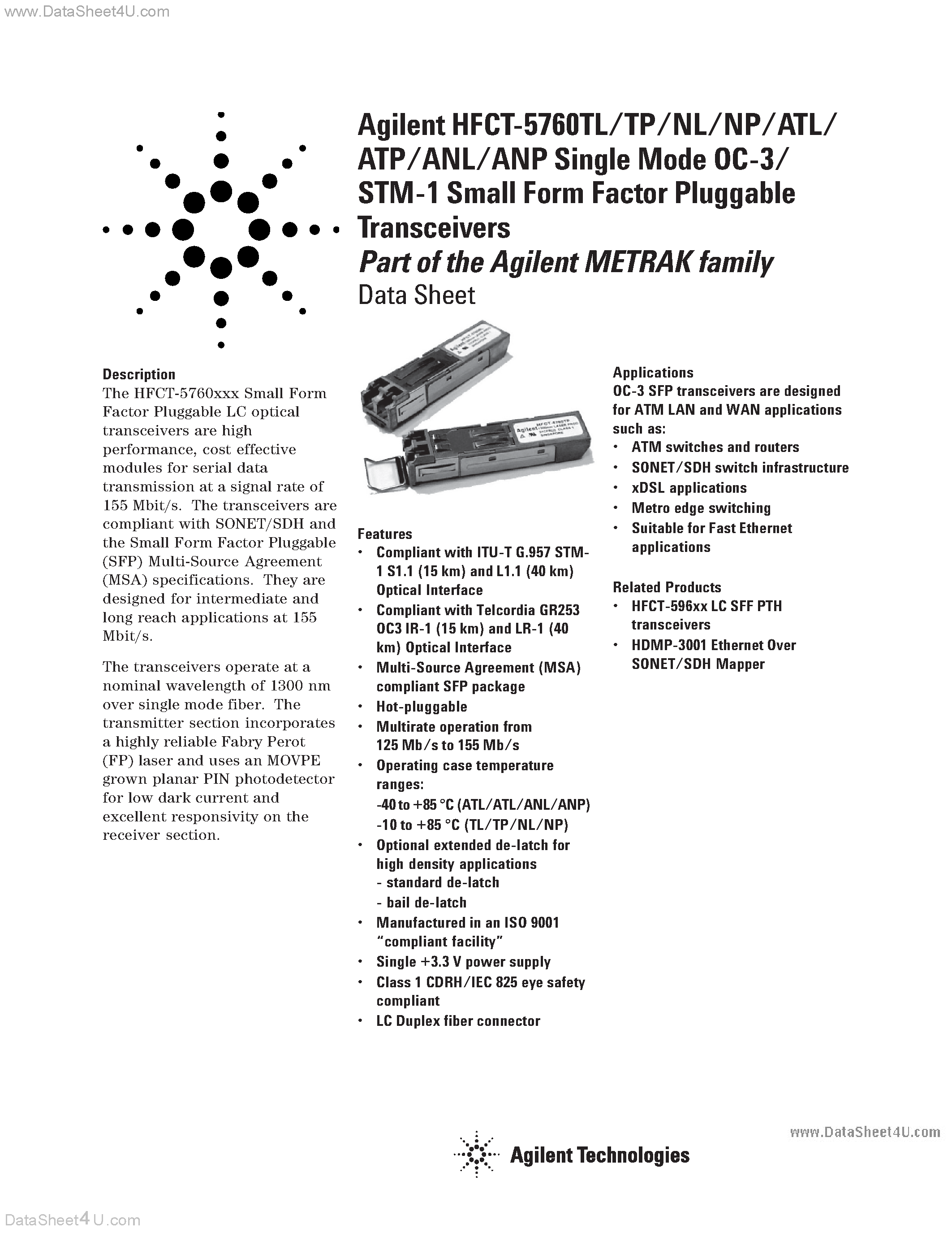 Даташит HFCT-5760 - Single Mode OC-3/STM-1 Small Form Factor Pluggable Transceivers страница 1