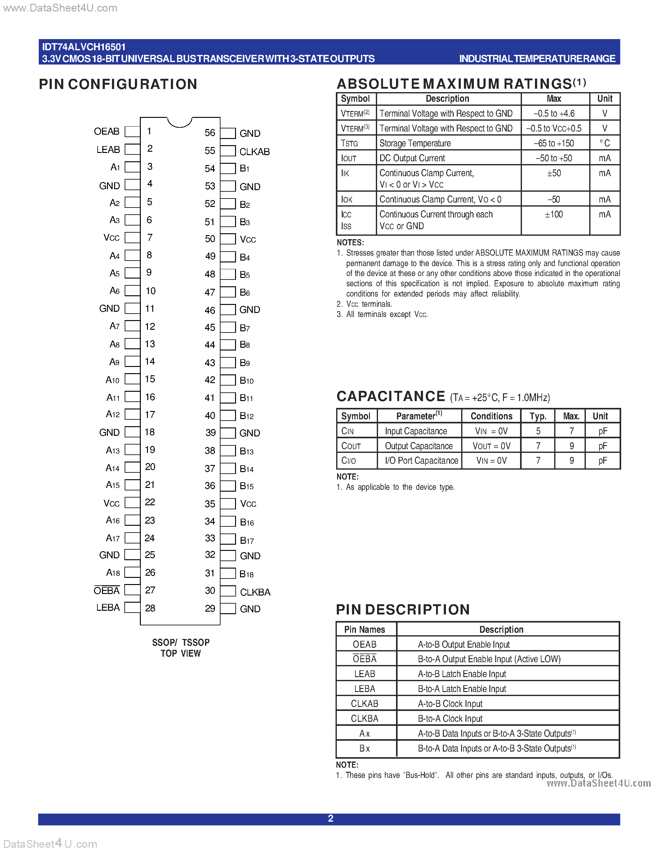 Datasheet IDT74ALVCH16501 - 3.3V CMOS 18-BIT UNIVERSAL BUS TRANSCEIVER page 2