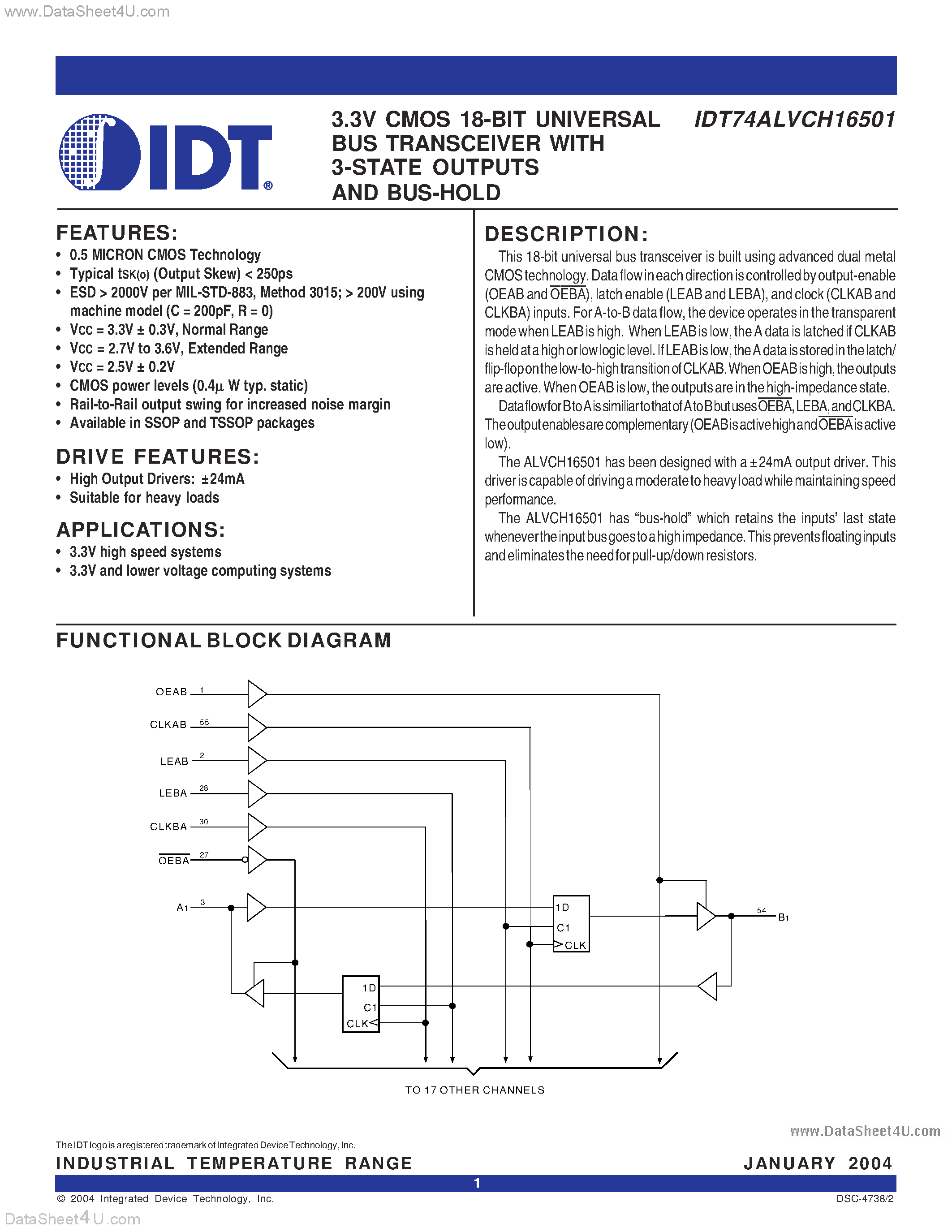 Datasheet IDT74H16501 - 3.3V CMOS 18-BIT UNIVERSAL BUS TRANSCEIVER page 1