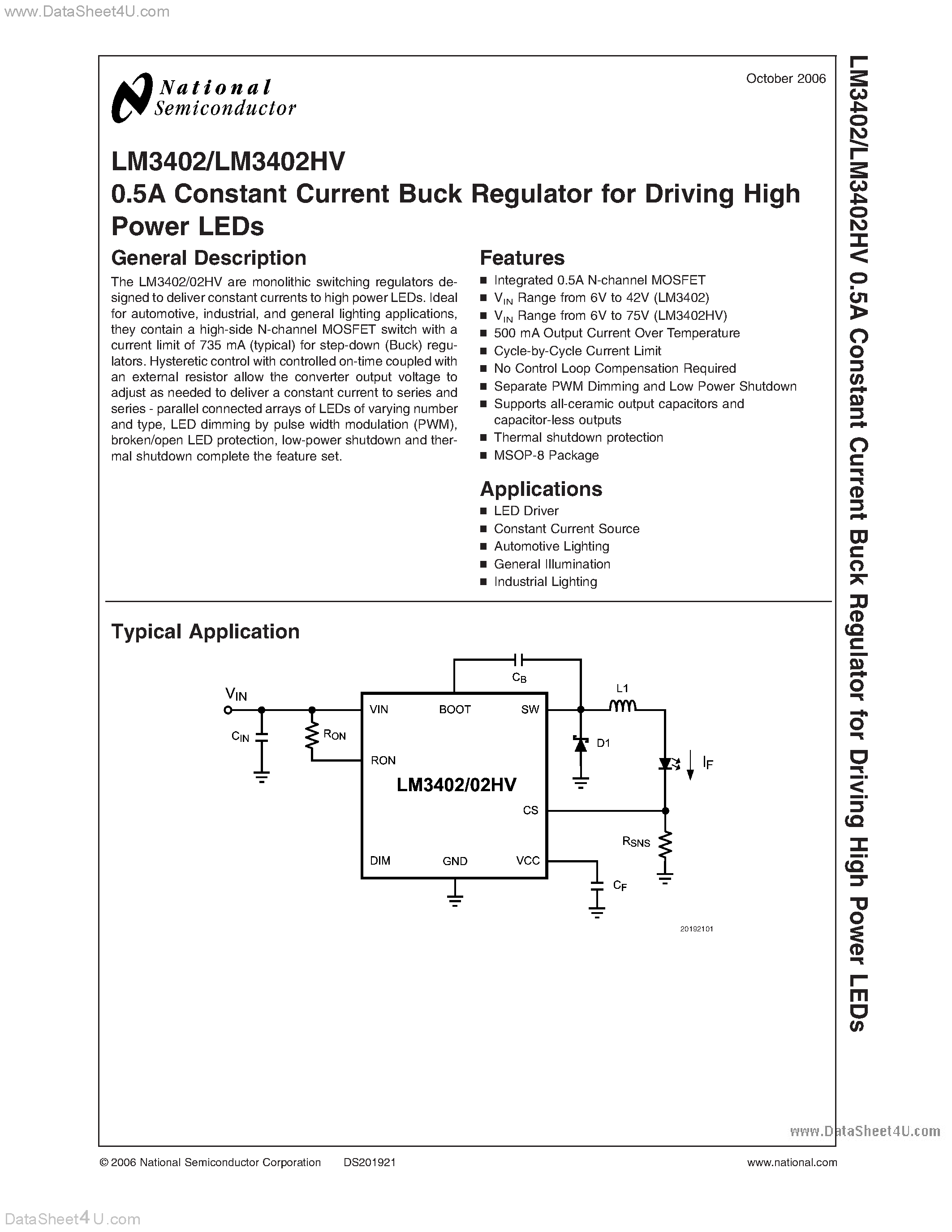 Datasheet LM3402 - 0.5A Constant Current Buck Regulator page 1