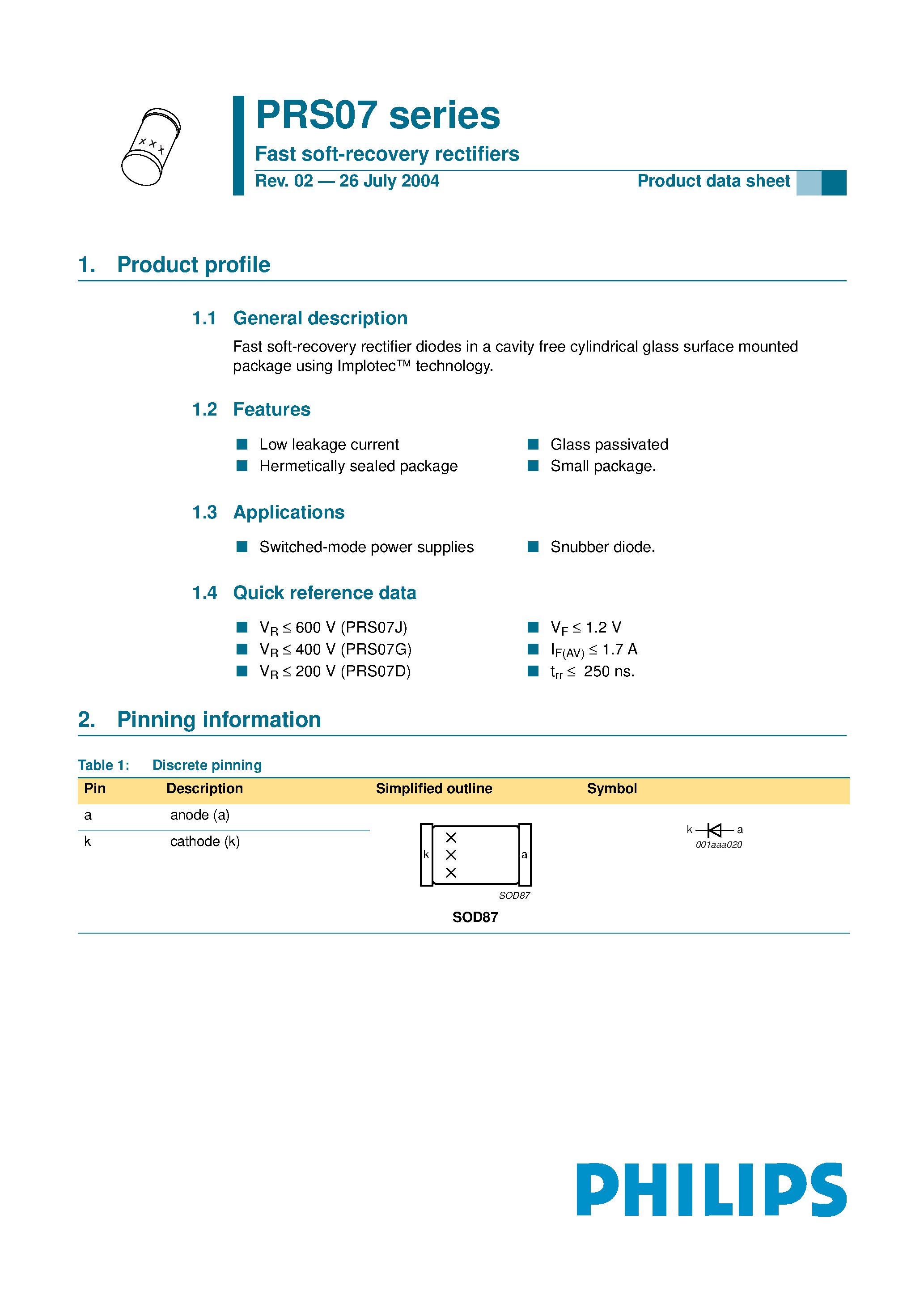Datasheet PRS07 - Fast soft-recovery rectifiers page 1