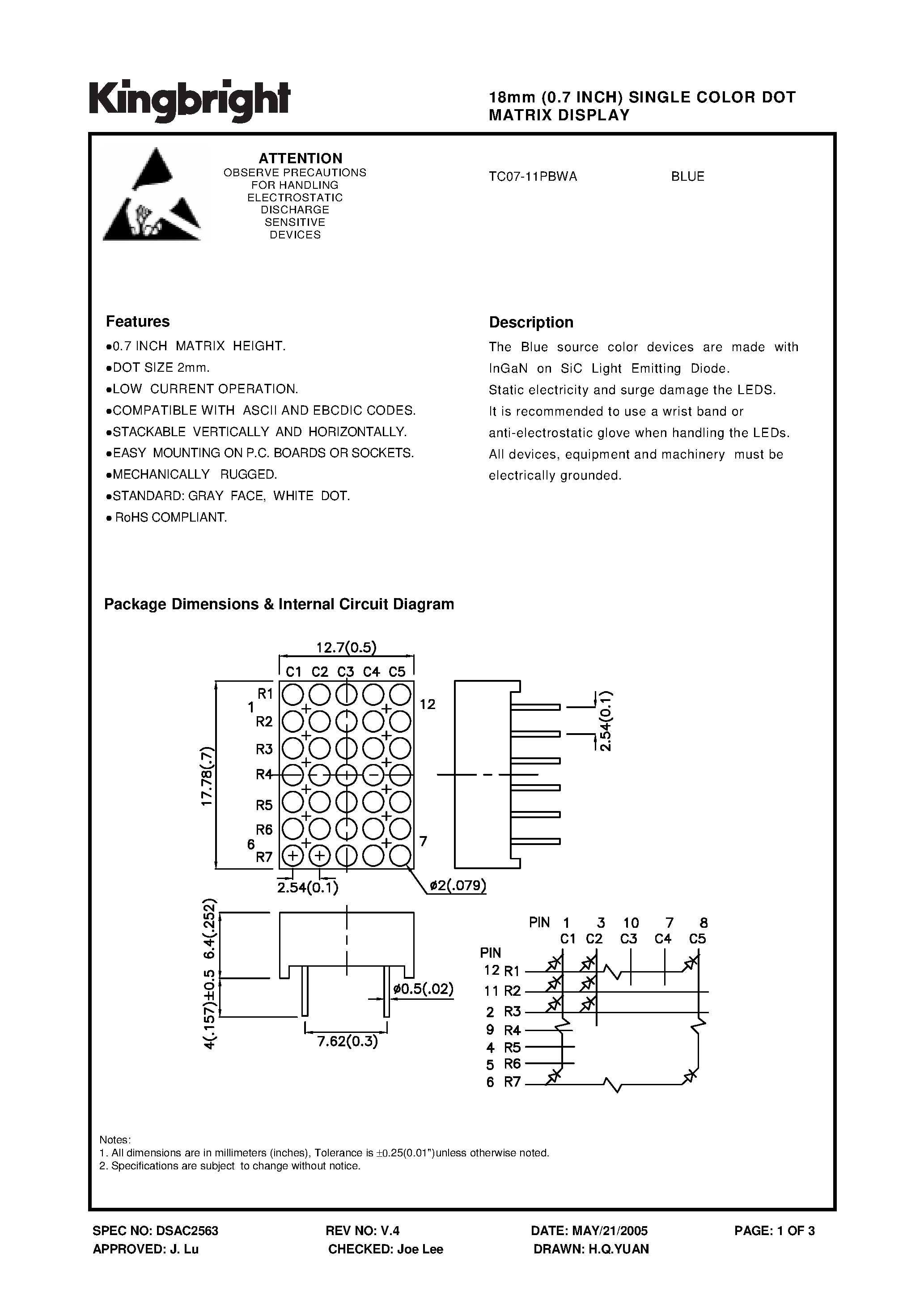 Даташит на микросхему TC07-11PBWA страница 1 Даташит TC07-11PBWA - 18mm (0.7 INCH) SINGLE COLOR DOT MATRIX DISPLAY страница 1