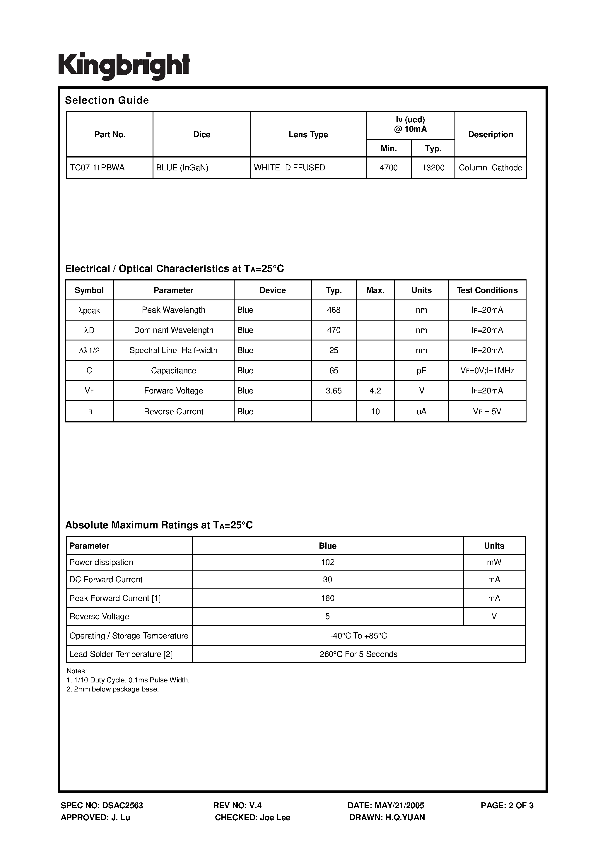 Даташит на микросхему TC07-11PBWA страница 2 Даташит TC07-11PBWA - 18mm (0.7 INCH) SINGLE COLOR DOT MATRIX DISPLAY страница 2