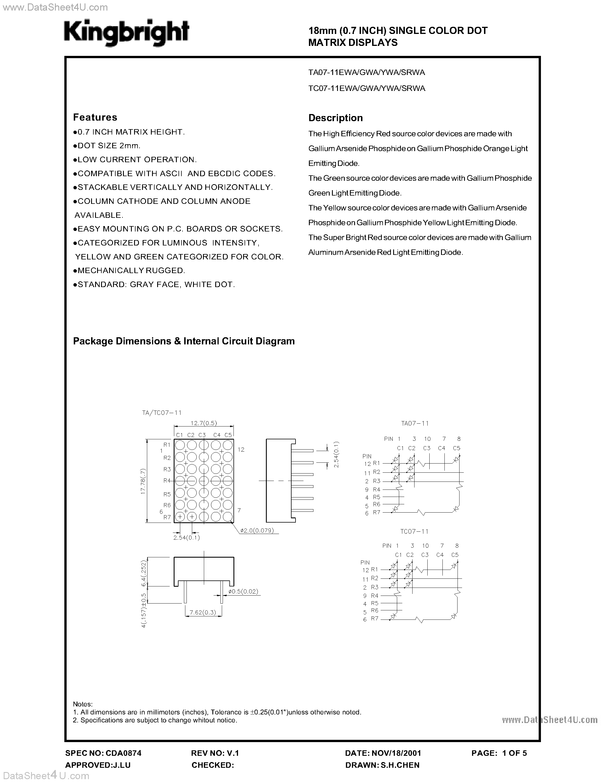 Даташит на микросхему TC07-11 страница 1 Даташит TC07-11 - 18MM (0.7 INCH) SINGLE COLOR DOT MATRIX DISPLAYS страница 1
