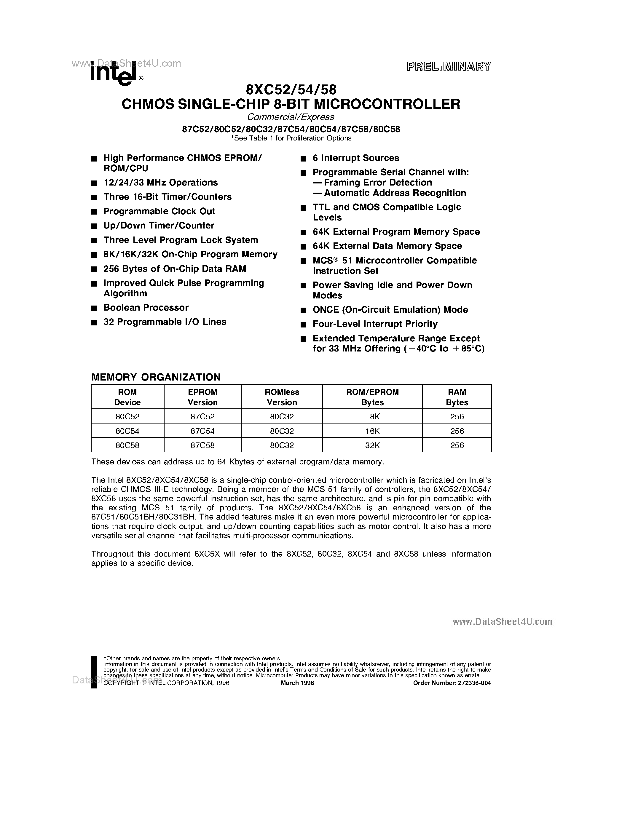 Datasheet TD87C52 page 1 Datasheet TD87C52 - (TD87C5x) CHMOS SINGLE-CHIP 8-BIT MICROCONTROLLER page 1