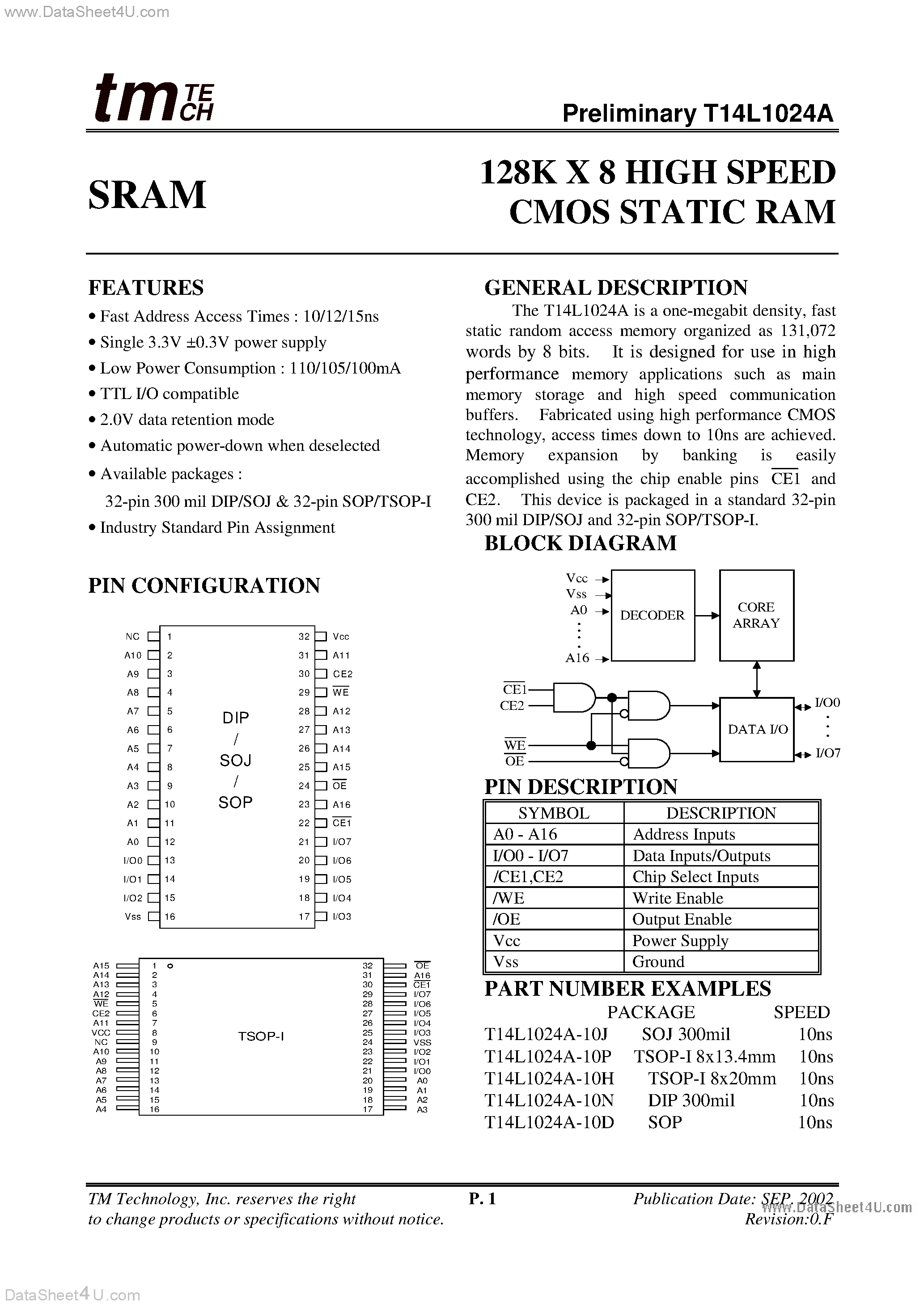 Даташит T14L1024A - 128K X 8 HIGH SPEED CMOS STATIC RAM страница 1