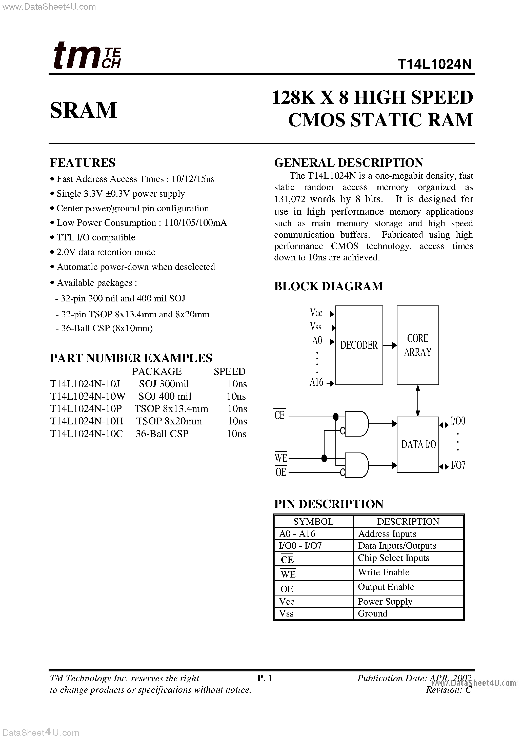 Даташит T14L1024N - 128K X 8 HIGH SPEED CMOS STATIC RAM страница 1