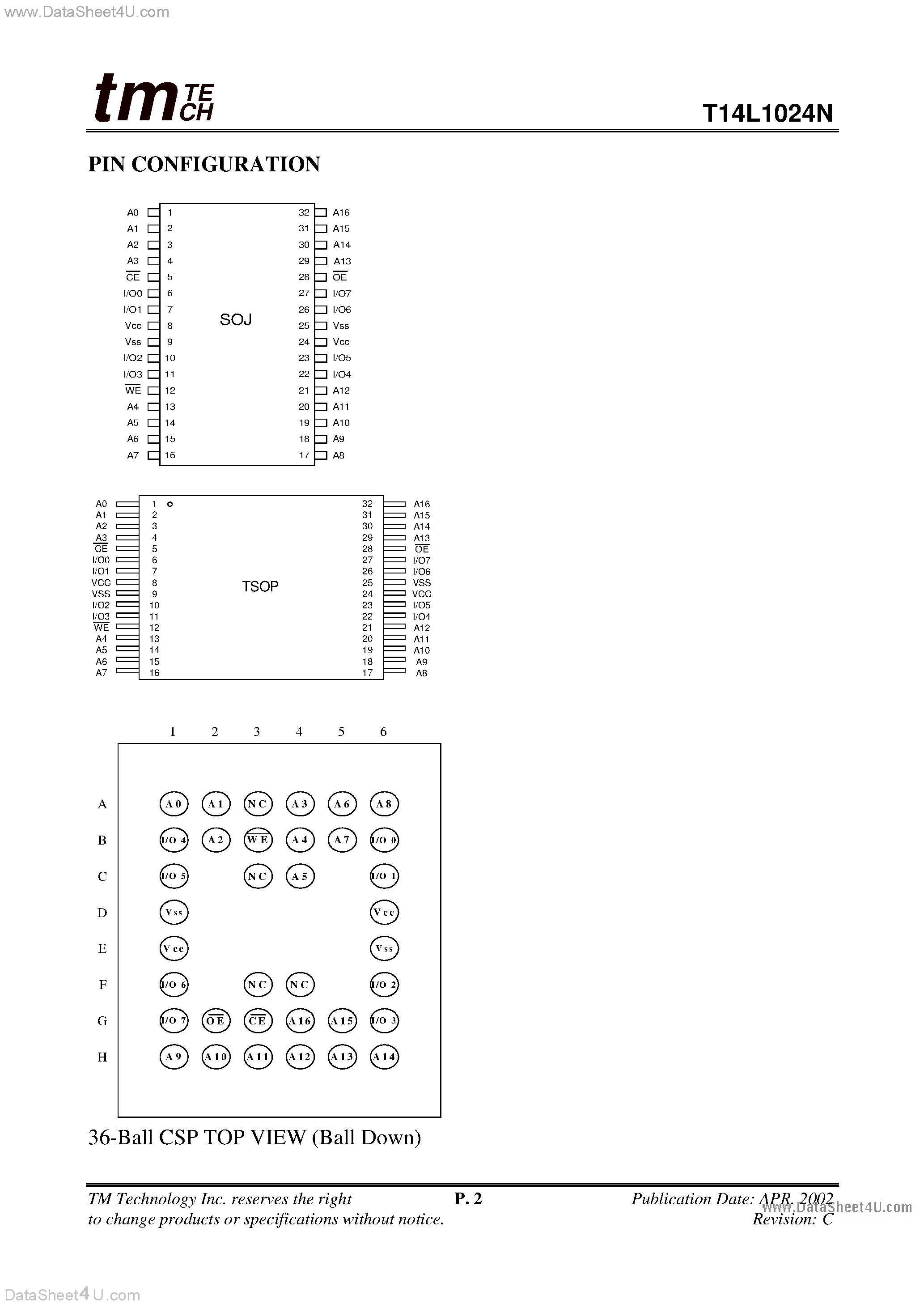 Даташит T14L1024N - 128K X 8 HIGH SPEED CMOS STATIC RAM страница 2